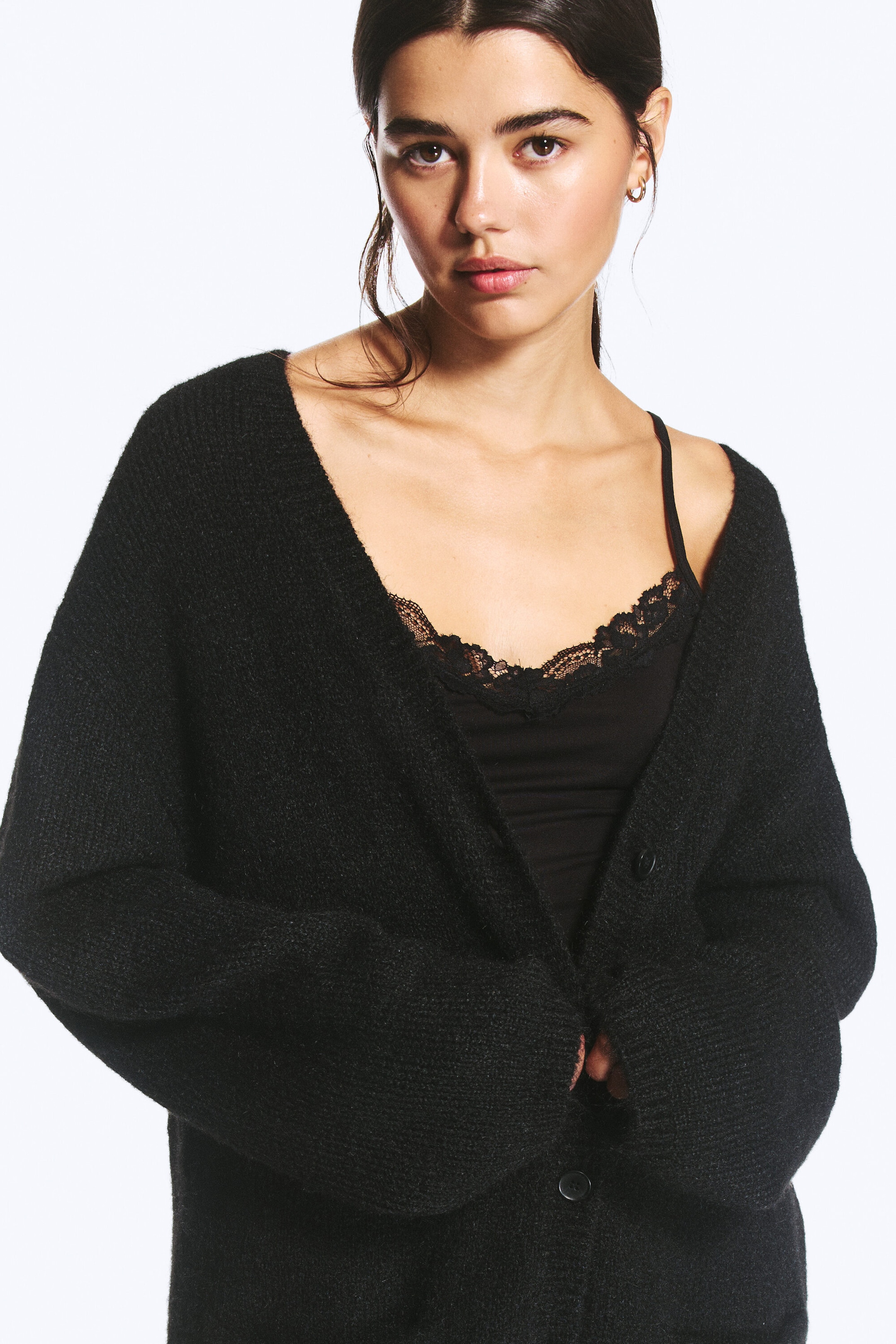 Black - Oversized V-neck Cardigan - 2