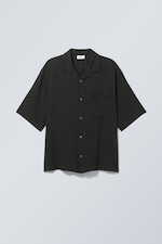 Black - Oversized Linen Short Sleeve Shirt - 0