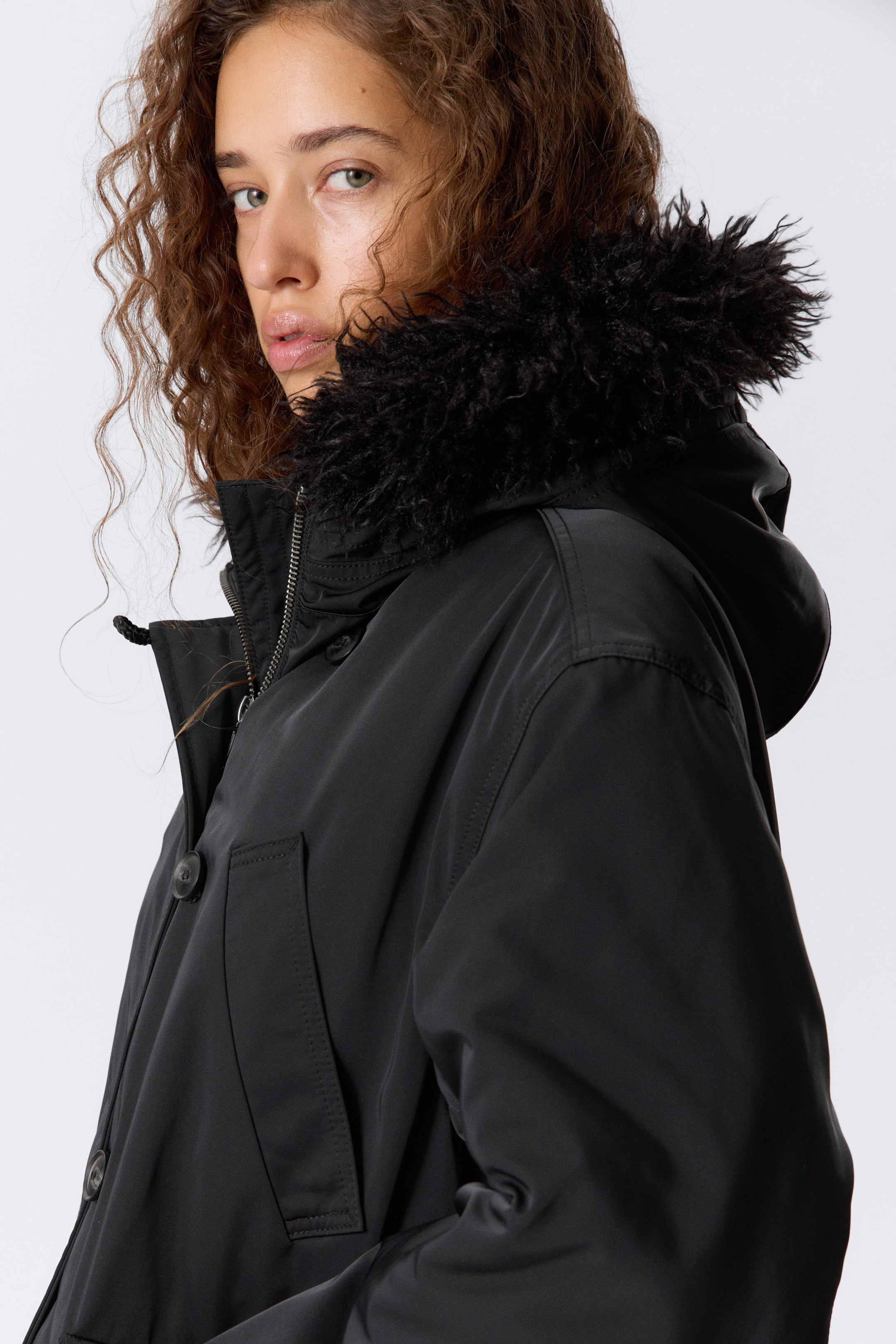 Black - Padded Bomber Parka with Faux Fur Trim - 2
