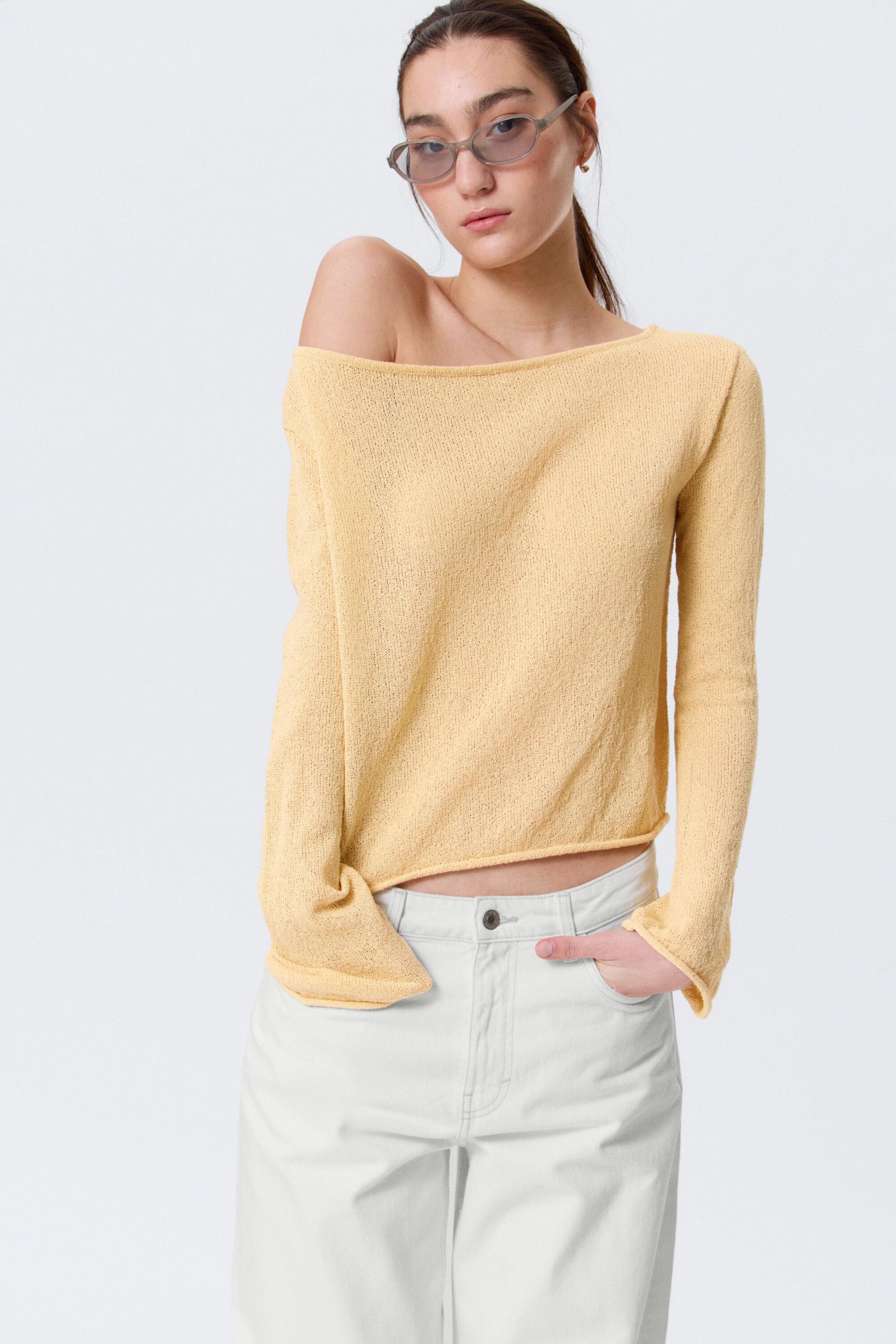 Light Yellow - Relaxed Knitted Boat-Neck Sweater - 0