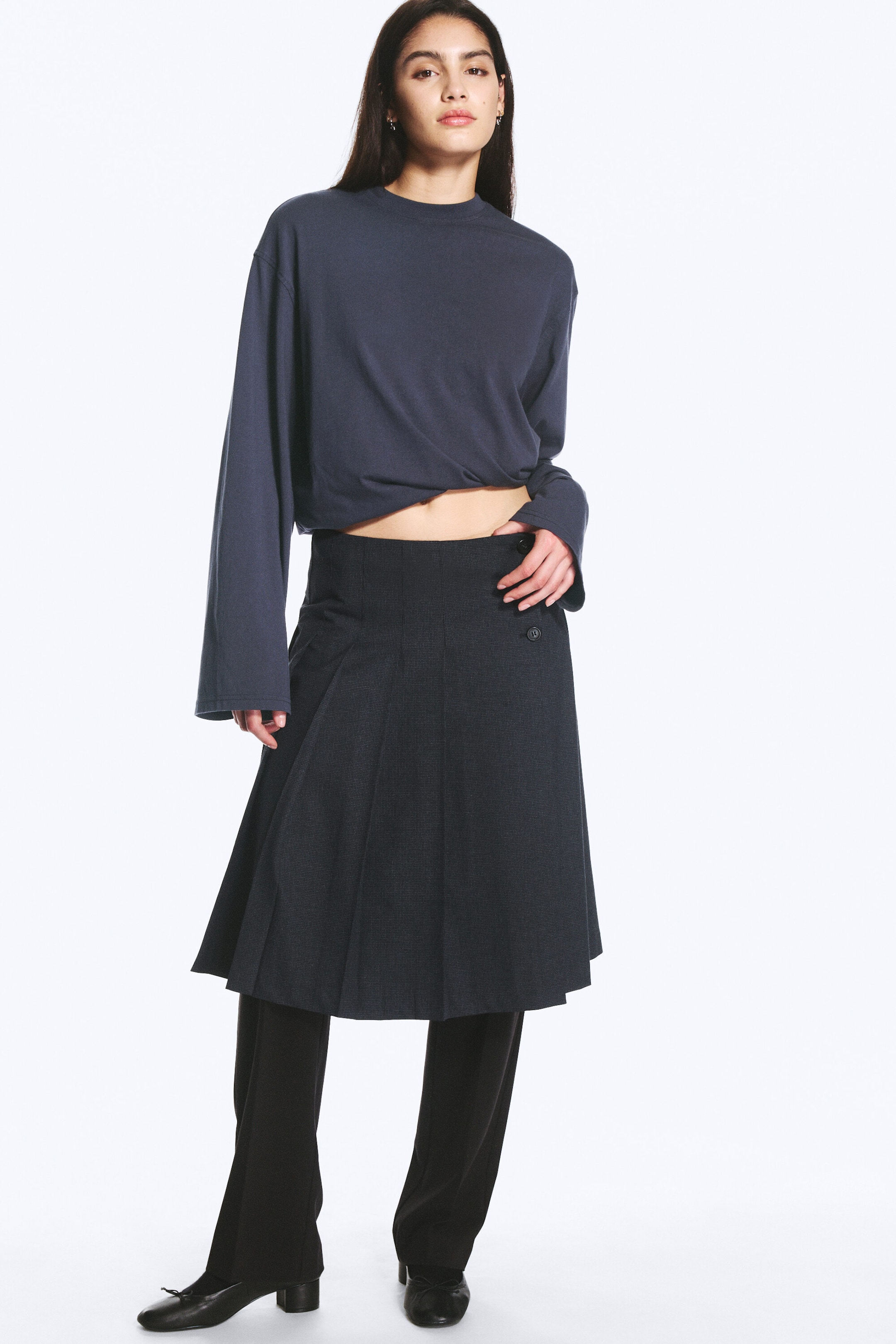 Checked Dark Grey Melange - Plissierter Midirock - 2