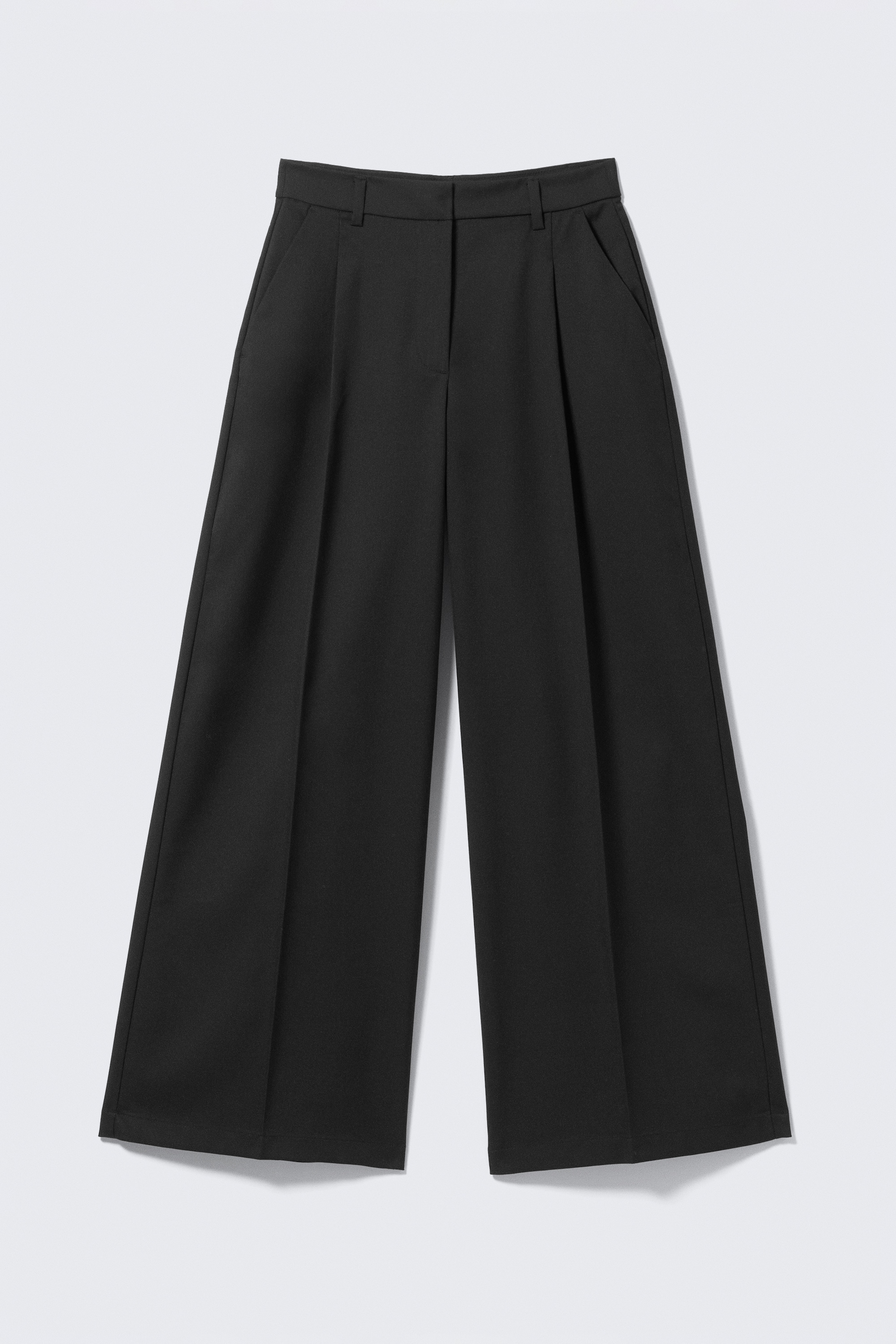 View larger image: Black wide-leg trousers are appearing in a front view, featuring a concealed zip fly, belt loops, and slanted side pockets. Prominent pleats are running down the front of each leg, creating a full, flowing silhouette towards the wide hems.