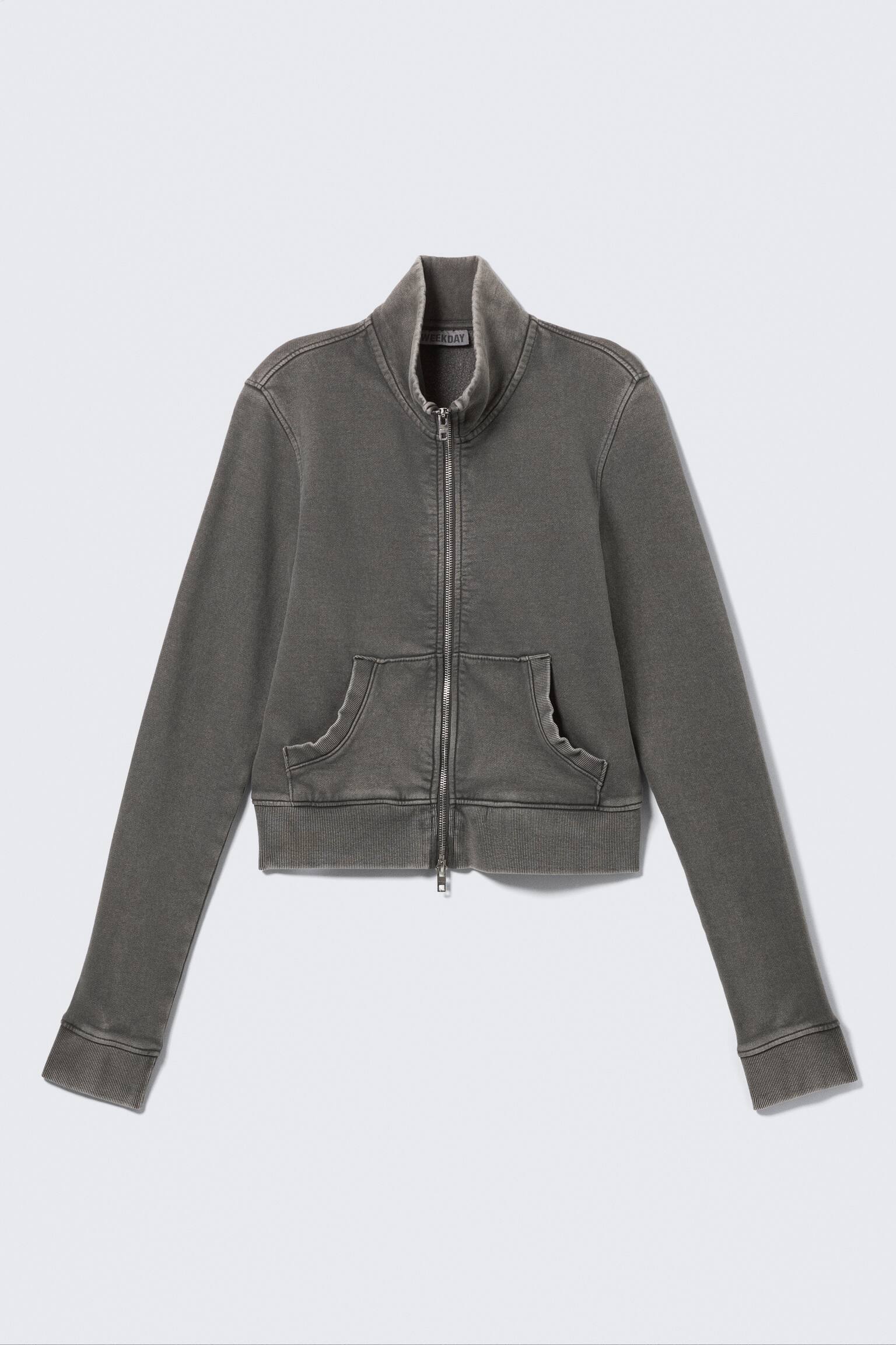 Суитшърт с вталена кройка и цип с висока яка - Изпрано тъмно сиво - 2