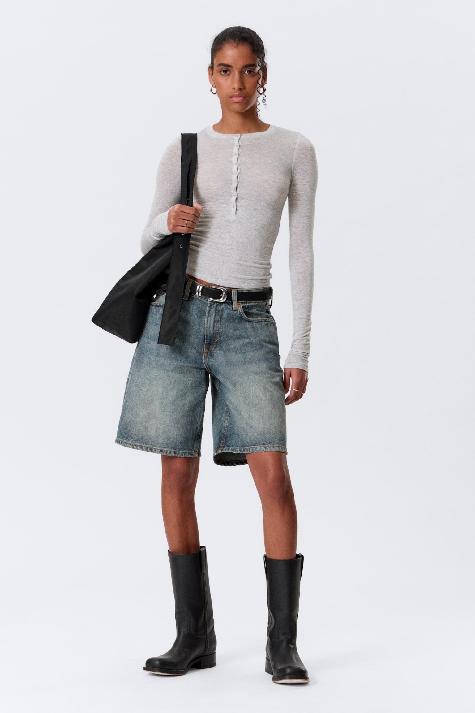 T-shirt slim a maniche lunghe - Grigio mélange/Nero/Bianco - 1