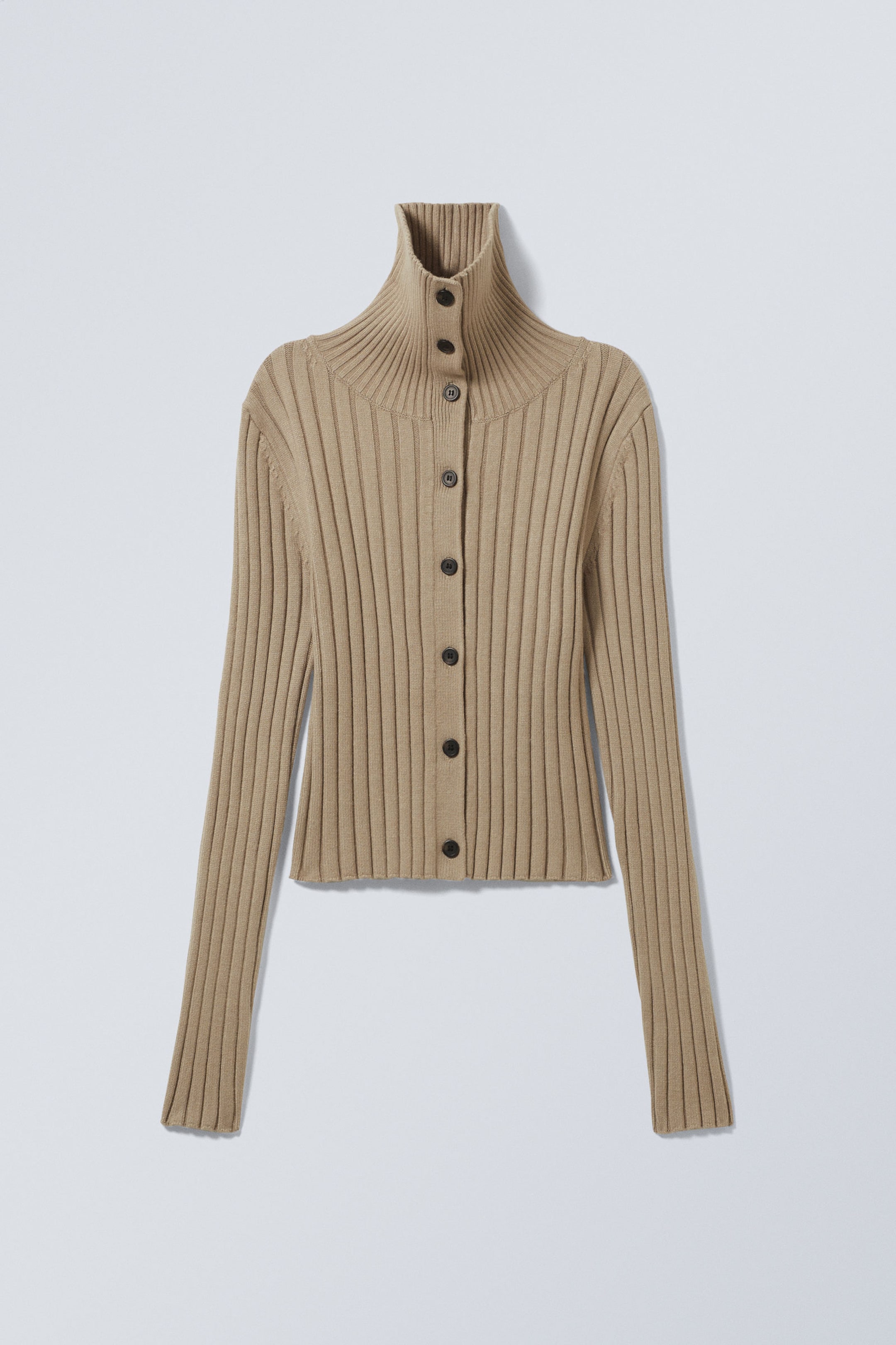 #9D9584 - Slim Knitted Turtleneck Cardigan - 1