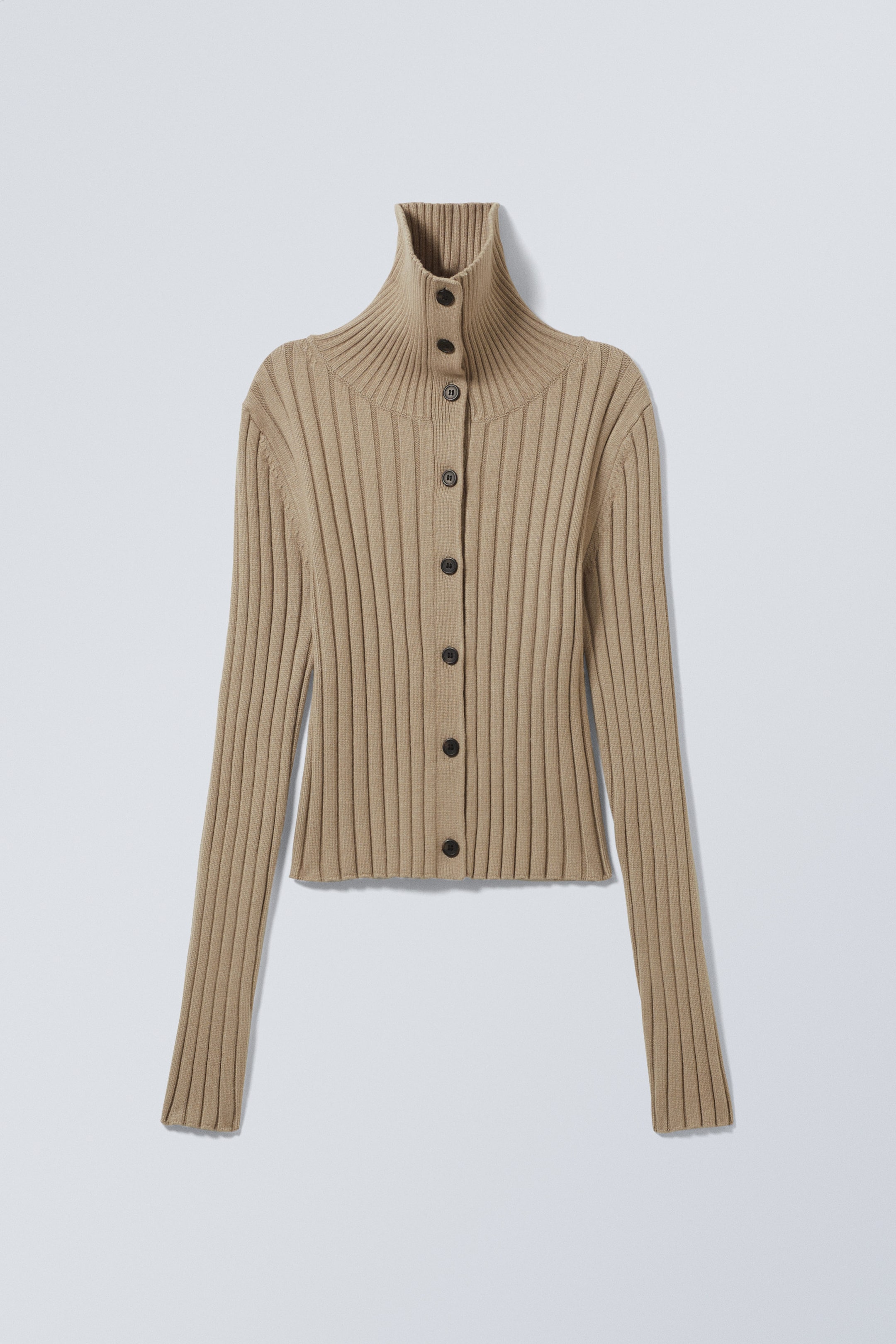 Dusty Beige - Slim Knitted Turtleneck Cardigan - 1