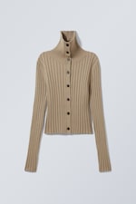 Dusty Beige - Slim Knitted Turtleneck Cardigan - 0