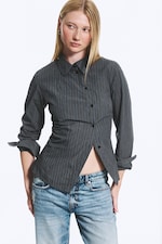 Dark Grey - Blue Stripe - Asymmetric Fitted Poplin Shirt - 0