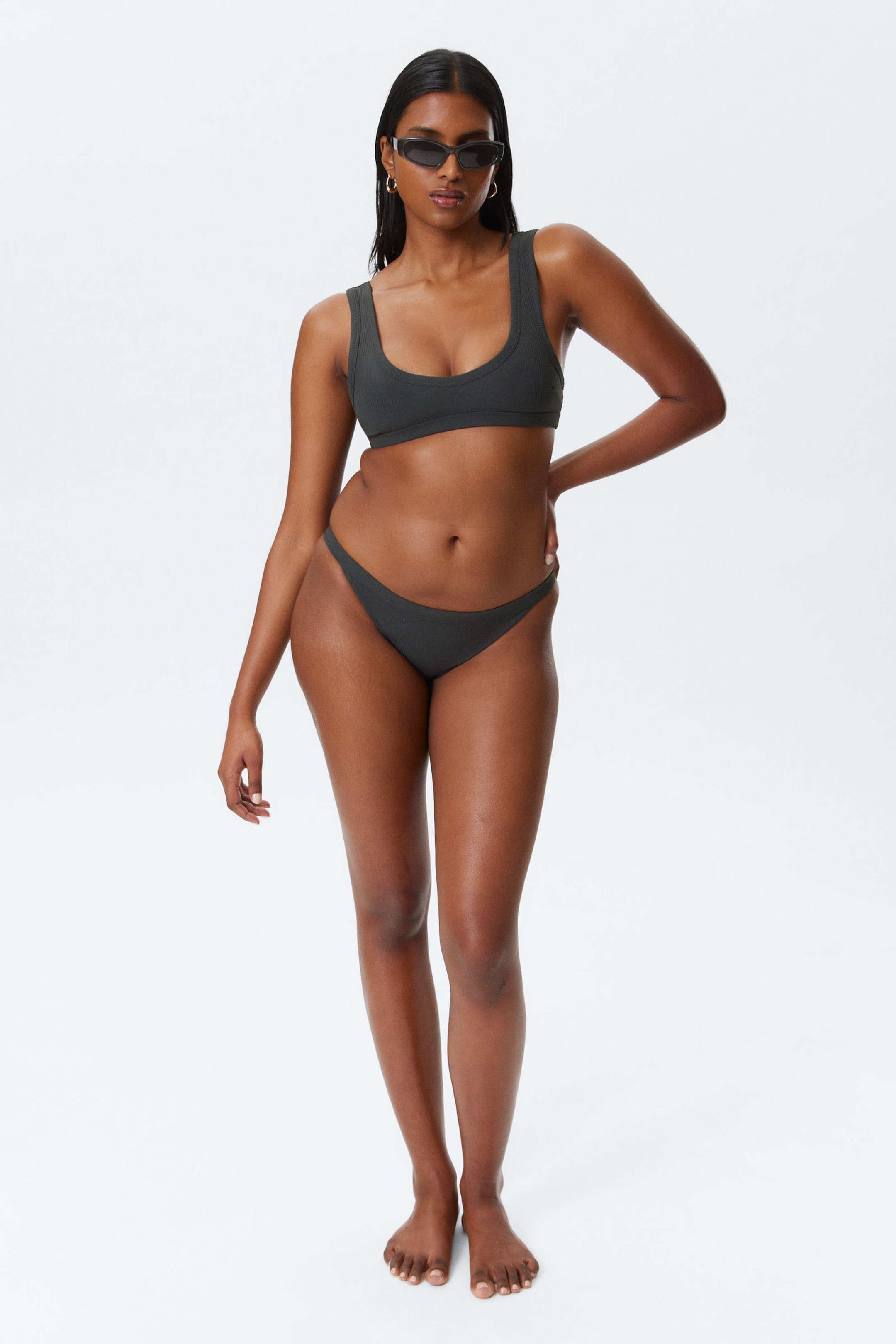 Dark Grey - Ribbed Scoop Neck Bikini Top - 2