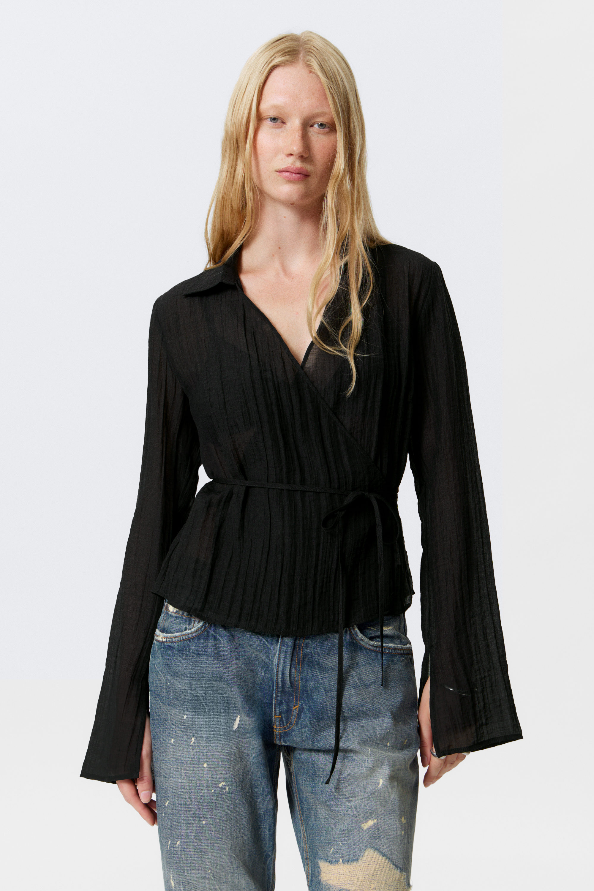 Transparent Black - Textured Long-Sleeved Wrap Shirt - 1
