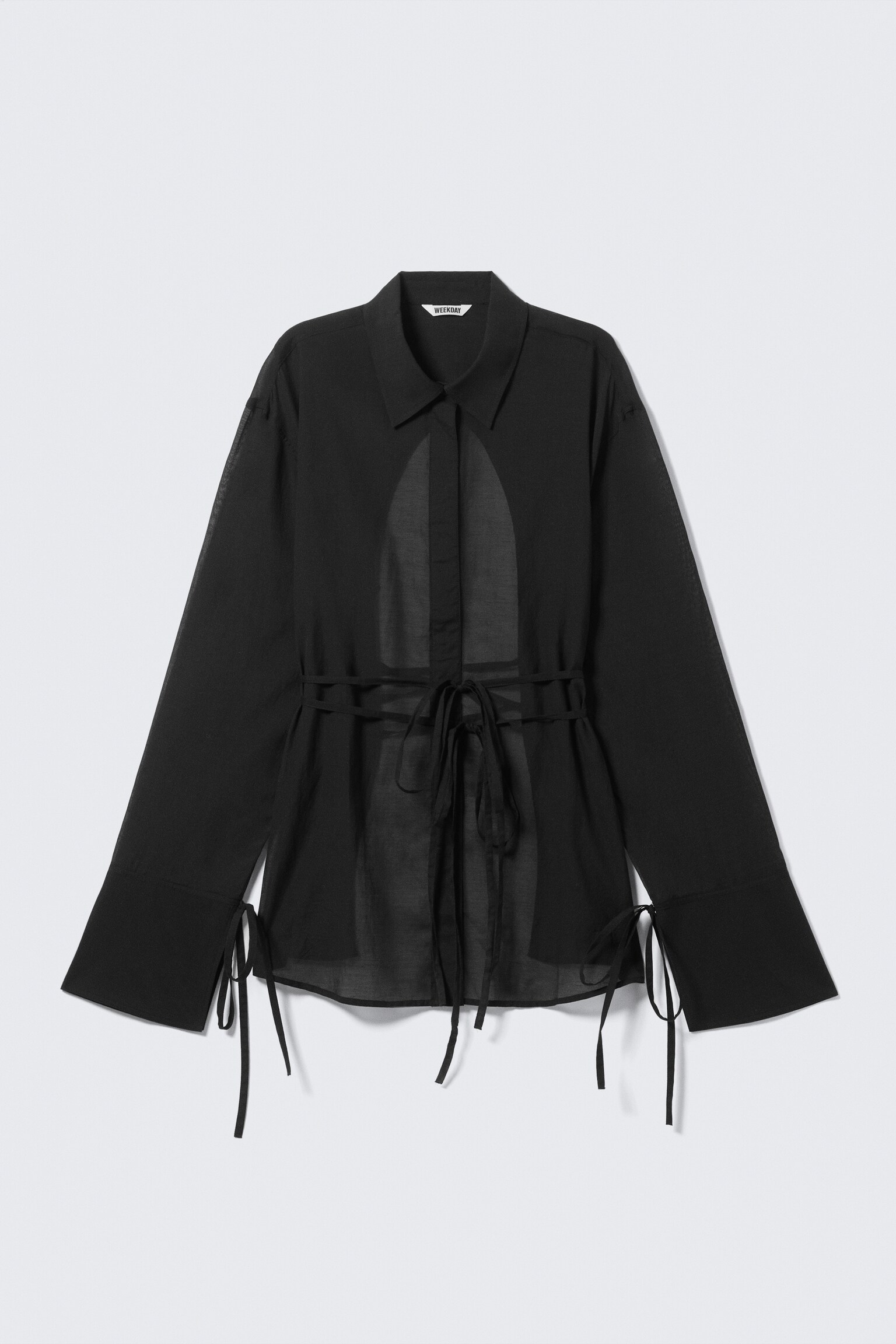 Camisa de Manga Comprida com Costas Abertas e Laço - Preto/Cinzento sujo - 3