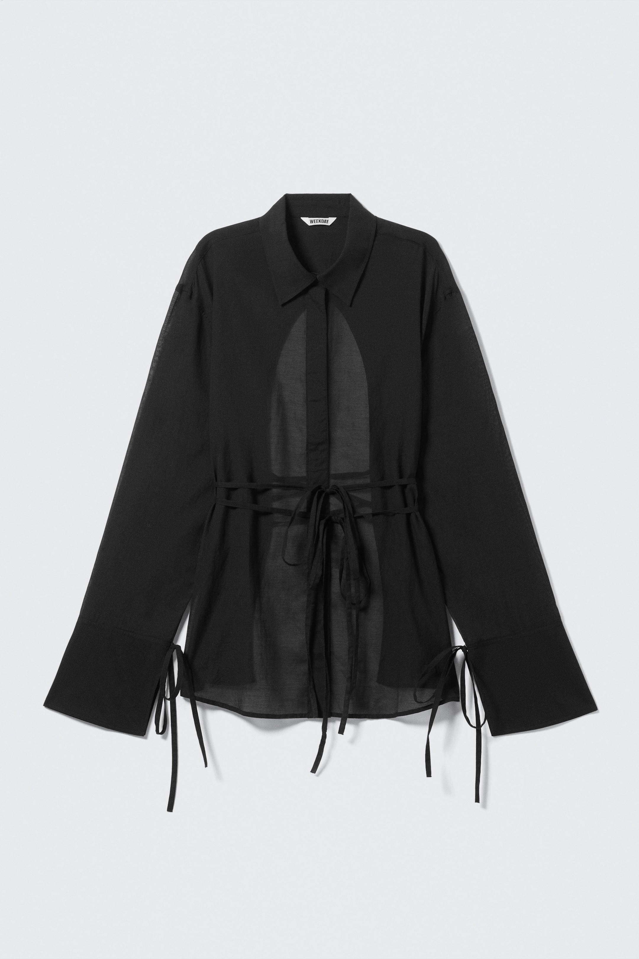 Black - Long-Sleeved Open Back Tie Shirt - 4