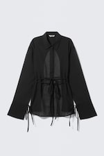 Black - Long-Sleeved Open Back Tie Shirt - 4