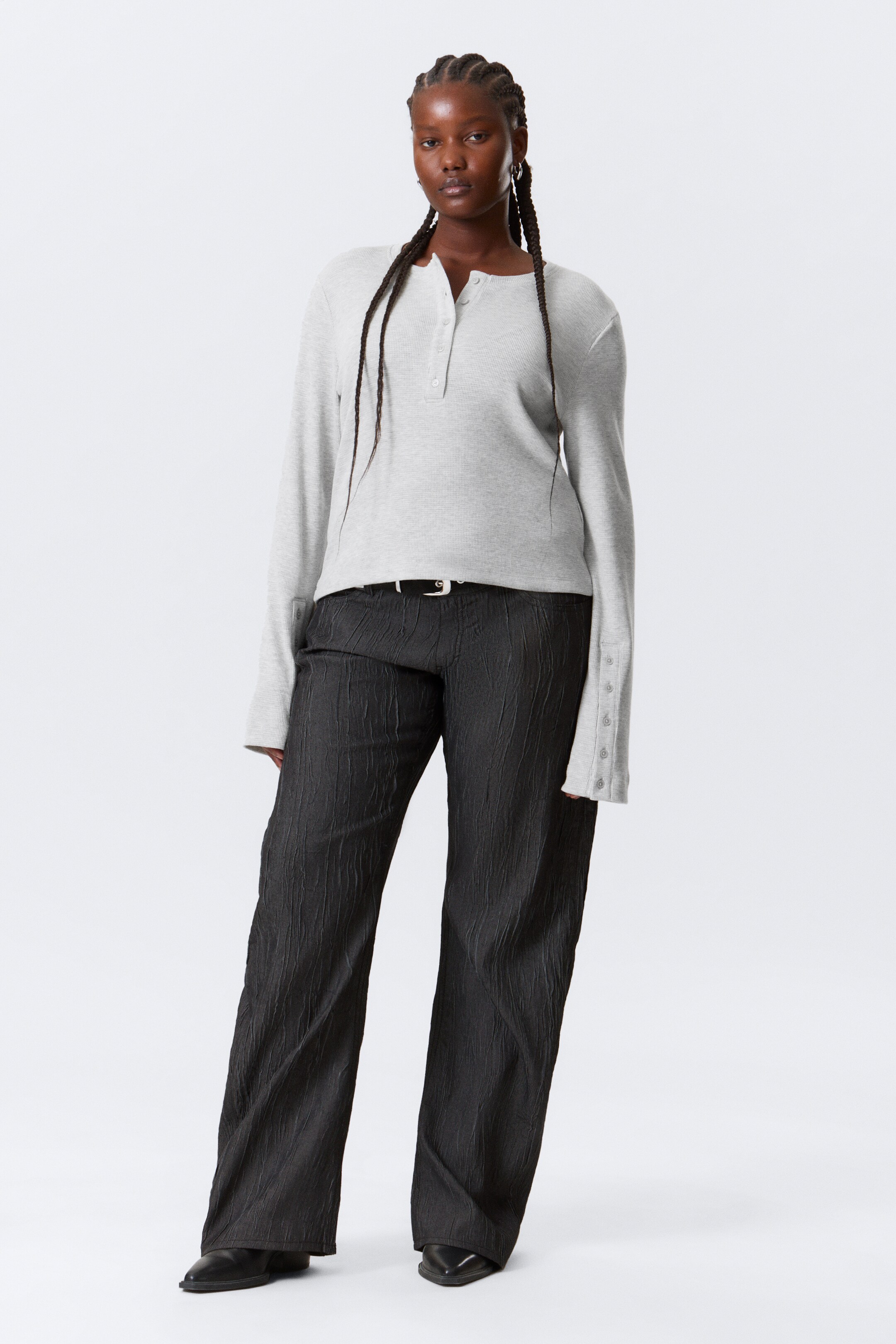 Vis større bilde: Langermet Henley-topp i vaffelstruktur - Gråmelert - DAME | H&M NO 2