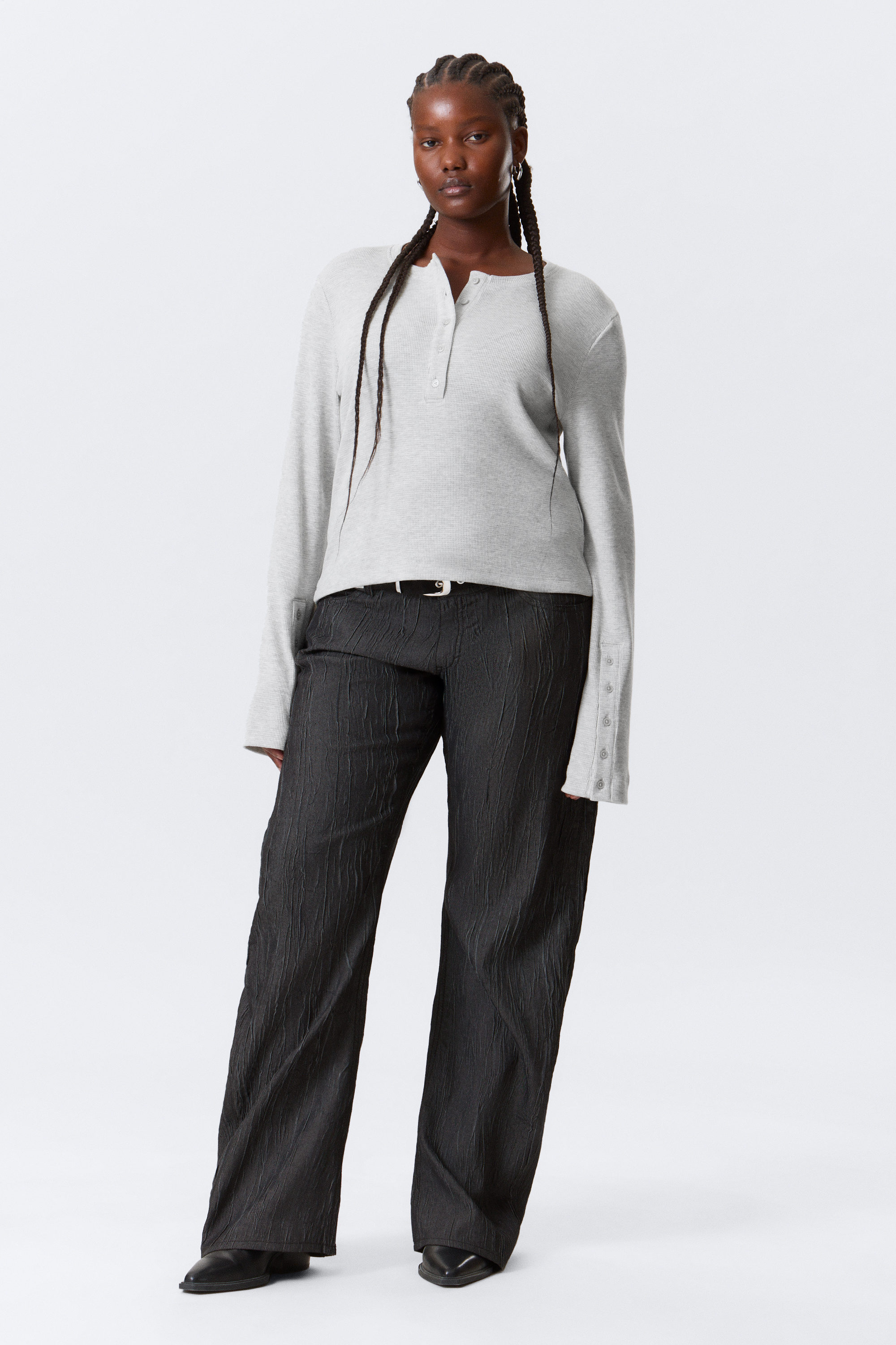 Grey Melange - Waffled Long-Sleeved Henley Top - 2