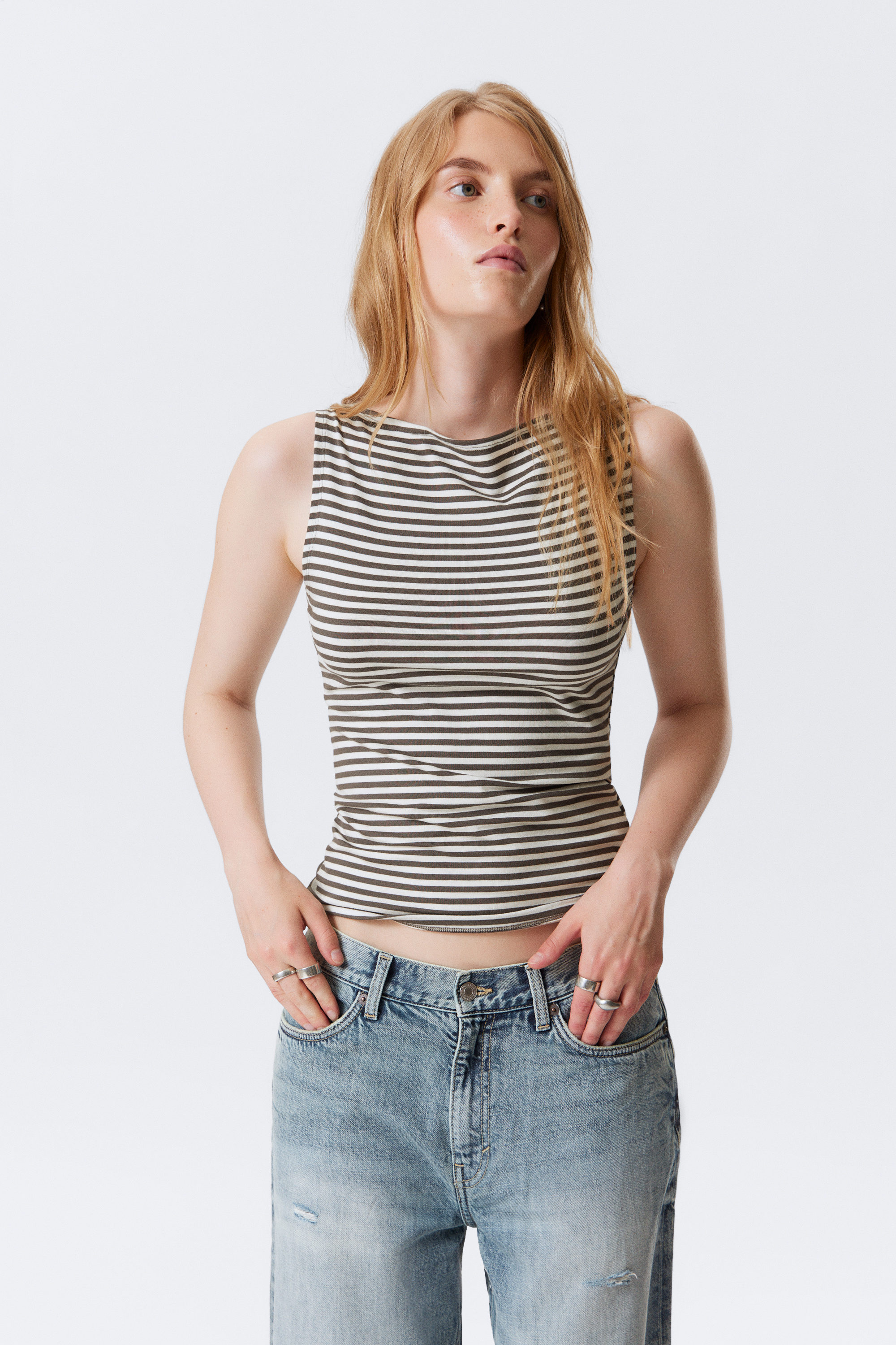 Grey & White Stripes - Annie Striped Sleeveless Boat-Neck Top - 1