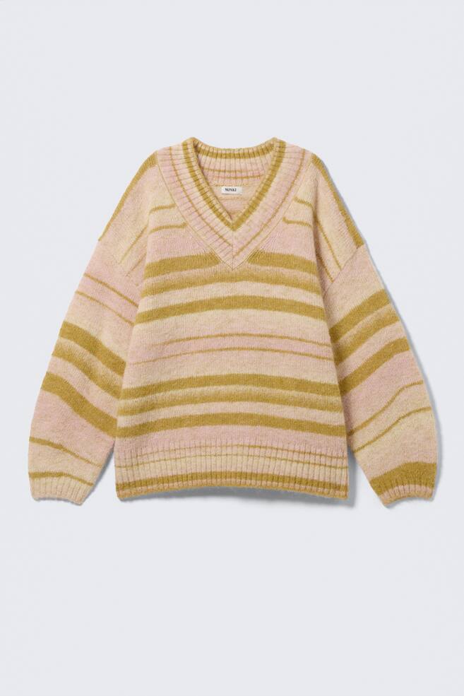 Oversized Knitted V-neck Sweater - Striped Yellow - 1