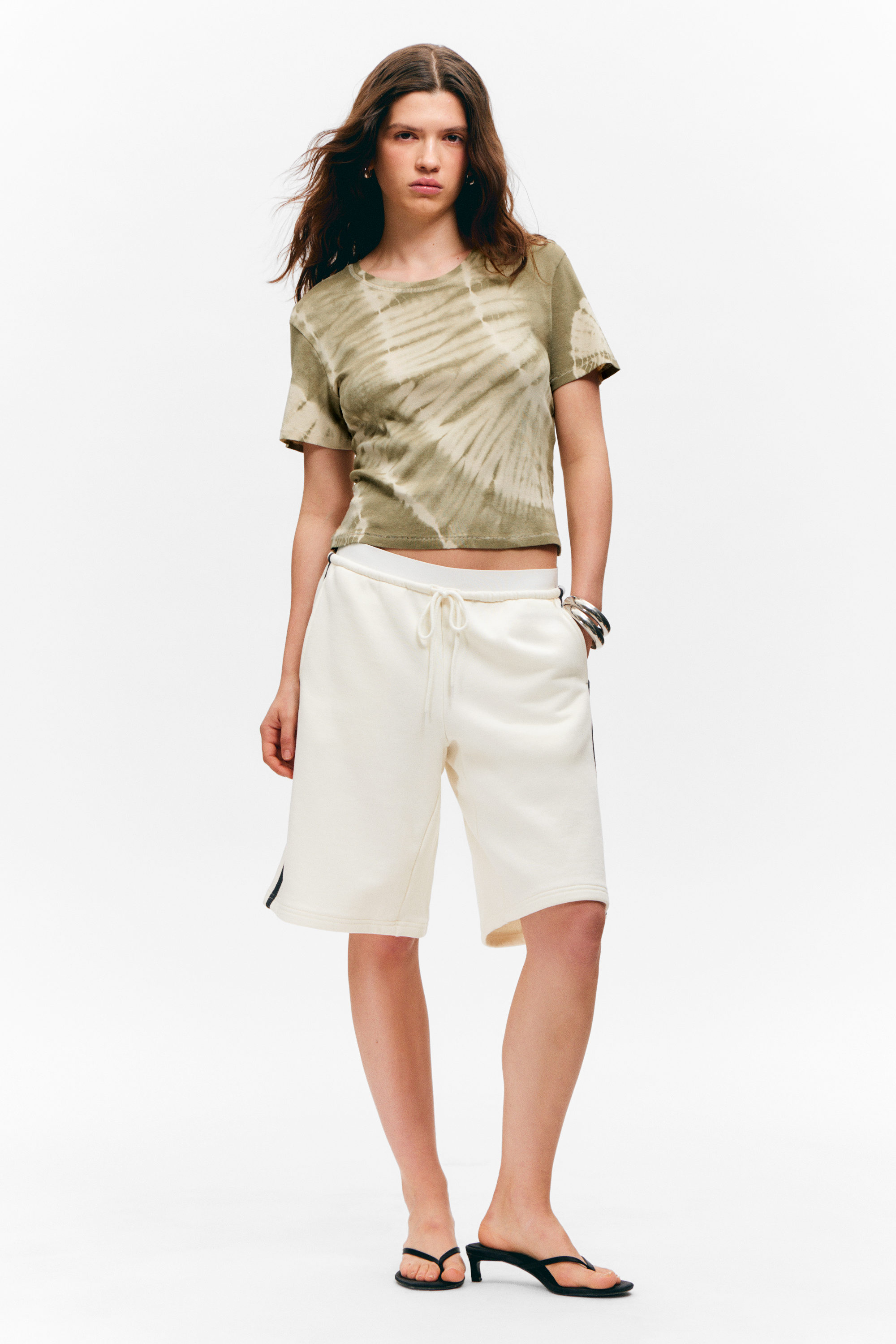 Khaki Green Tie-Dye - Cropped Printed Ribbed Cotton T-shirt - 1
