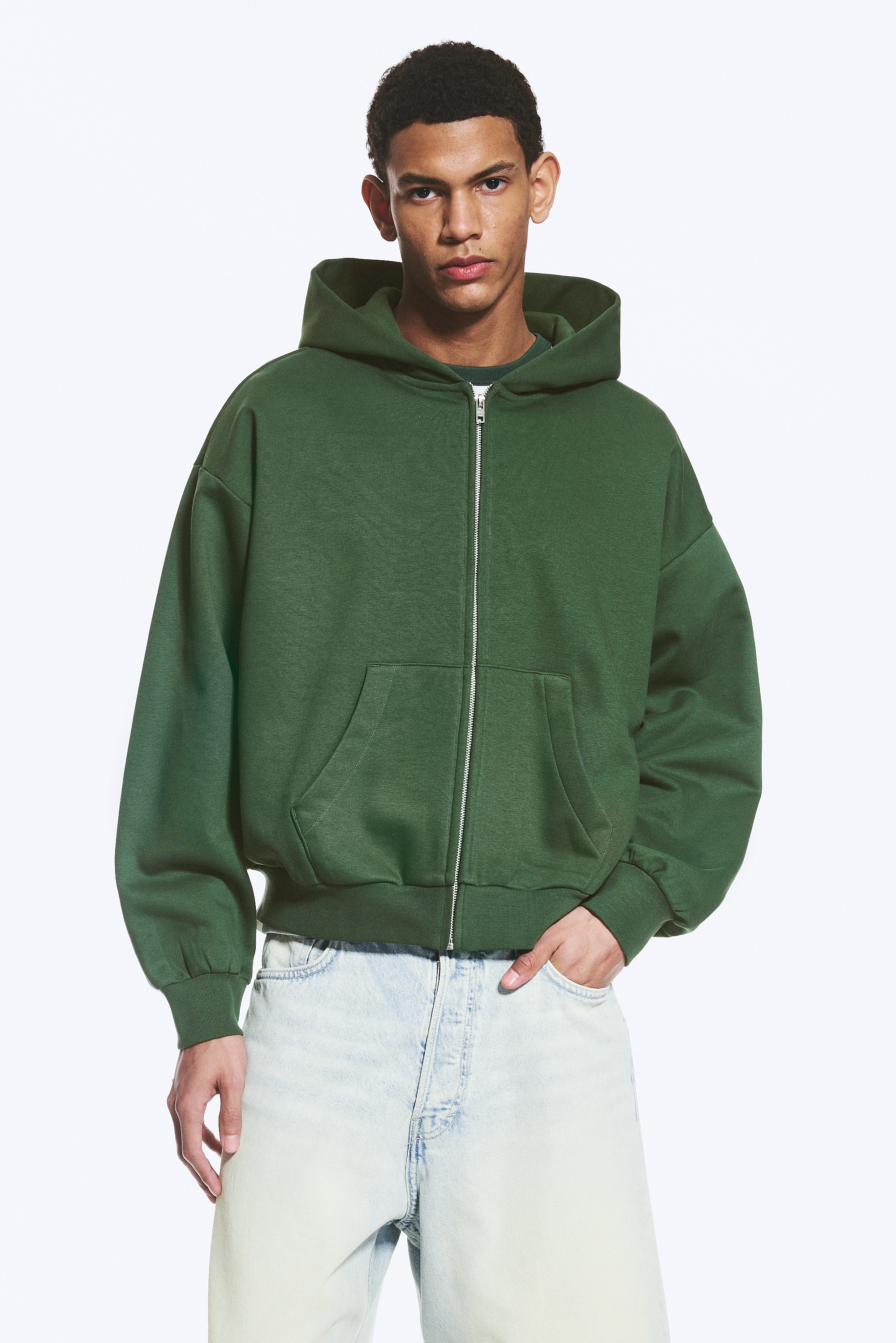 Hoodie com Fecho de Correr e Corte Largo - Verde-escuro/Bege-claro/Castanho-escuro/Cinzento mesclado/Cinzento-escuro/Preto