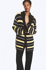 Mørk brun og gule striper - Stripete cardigan med V-hals - 1