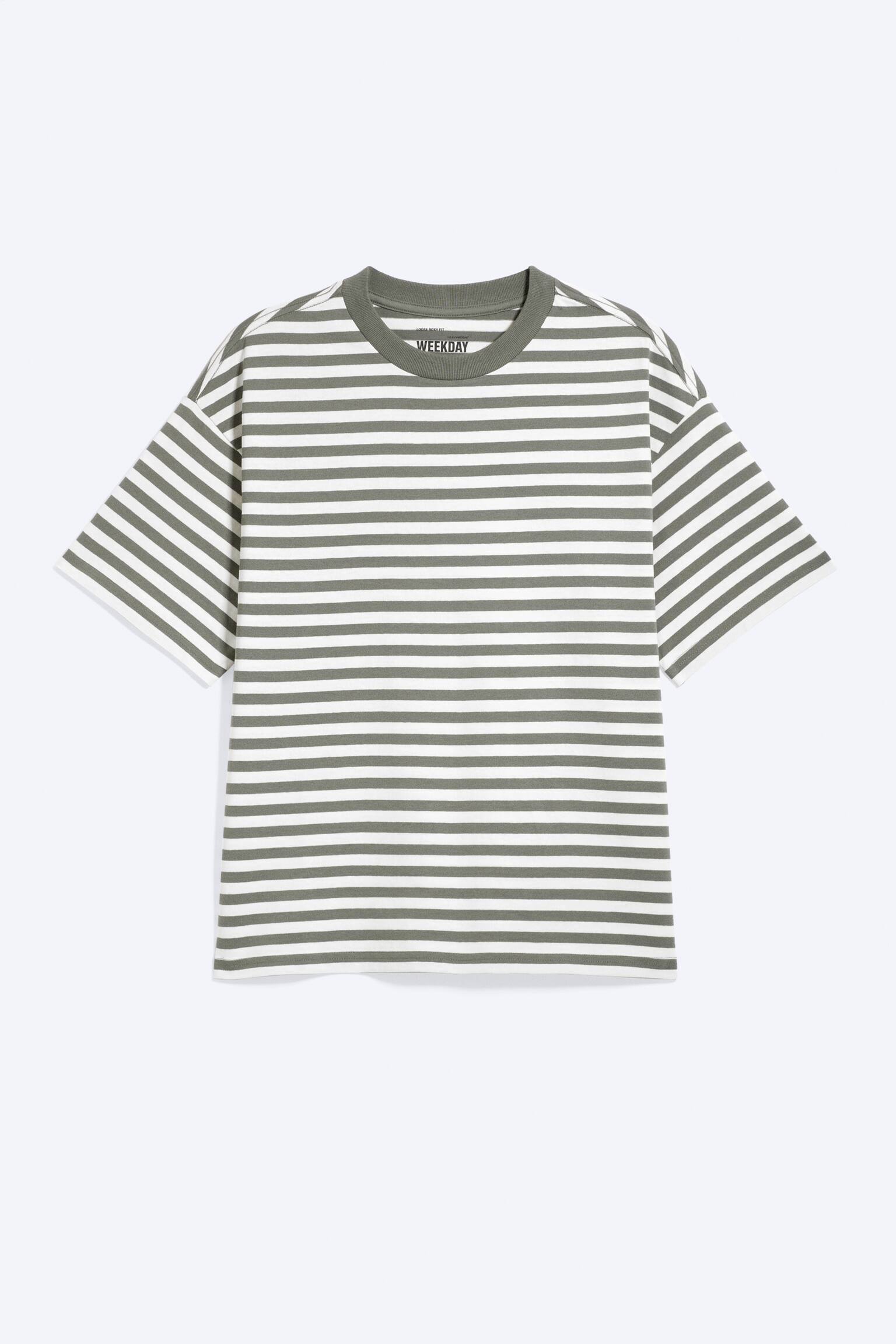 Loose Boxy T-shirt - White - Khaki Stripe/White/Black/White & Dark Brown Stripes/Washed Dark Green/White - Navy Stripe/Light Khaki Green/Washed Blue/Khaki Green - 2