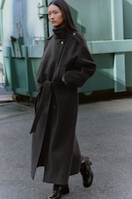 Dark Grey Melange - Wool-Blend Belted Double-Breasted Coat - 1