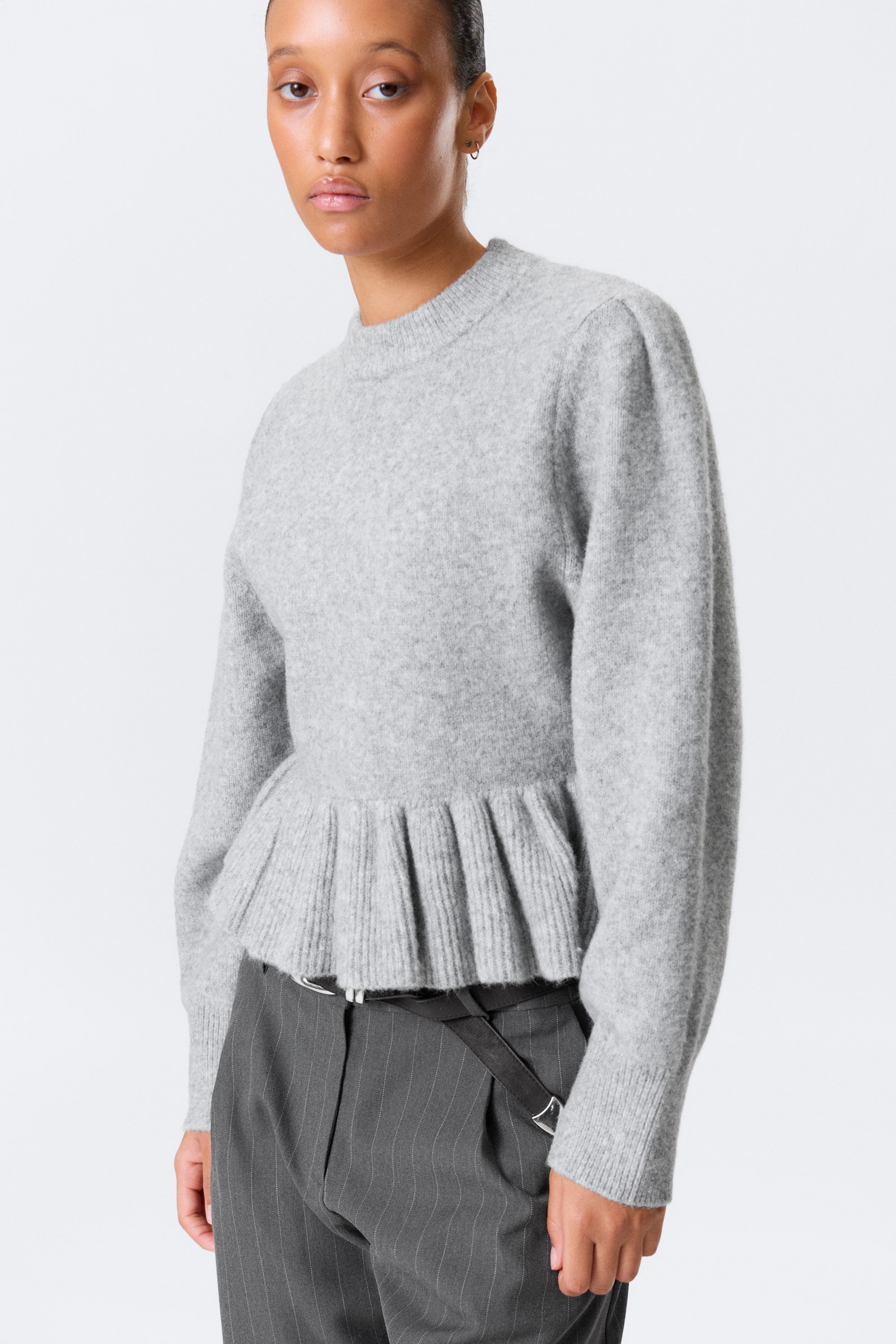 Grey Melange - Flounced Hem Knitted Sweater - 2