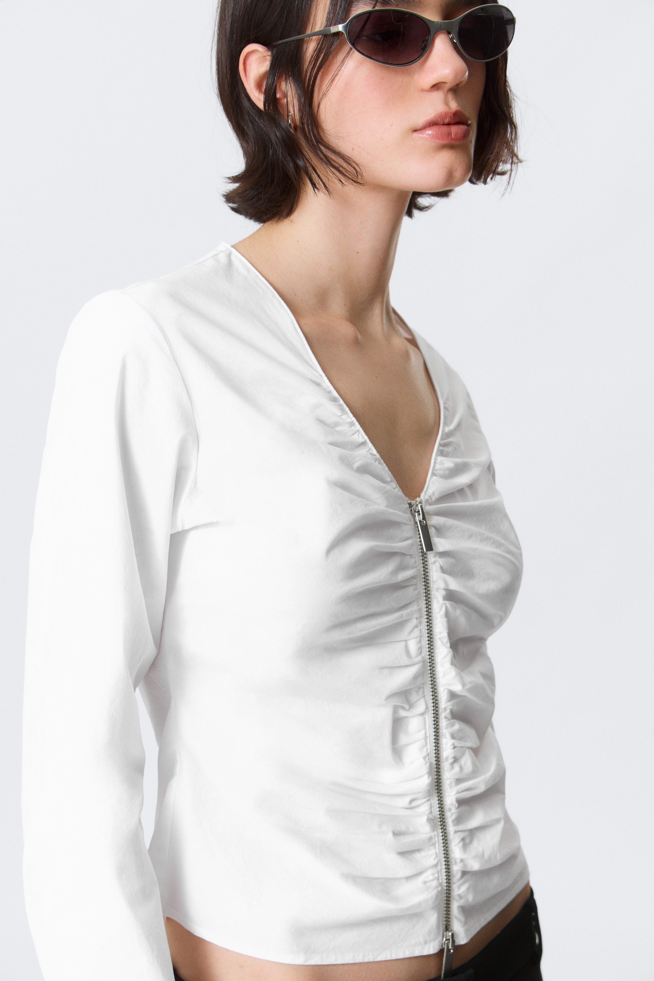 White - Gathered V-Neck Zip Top - 2