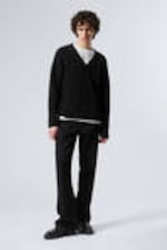 Black - Boxy Knitted V-neck Sweater - 0