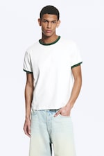 White - Green Binding - Short-Sleeved Contrast Trim Cotton T-shirt - 1