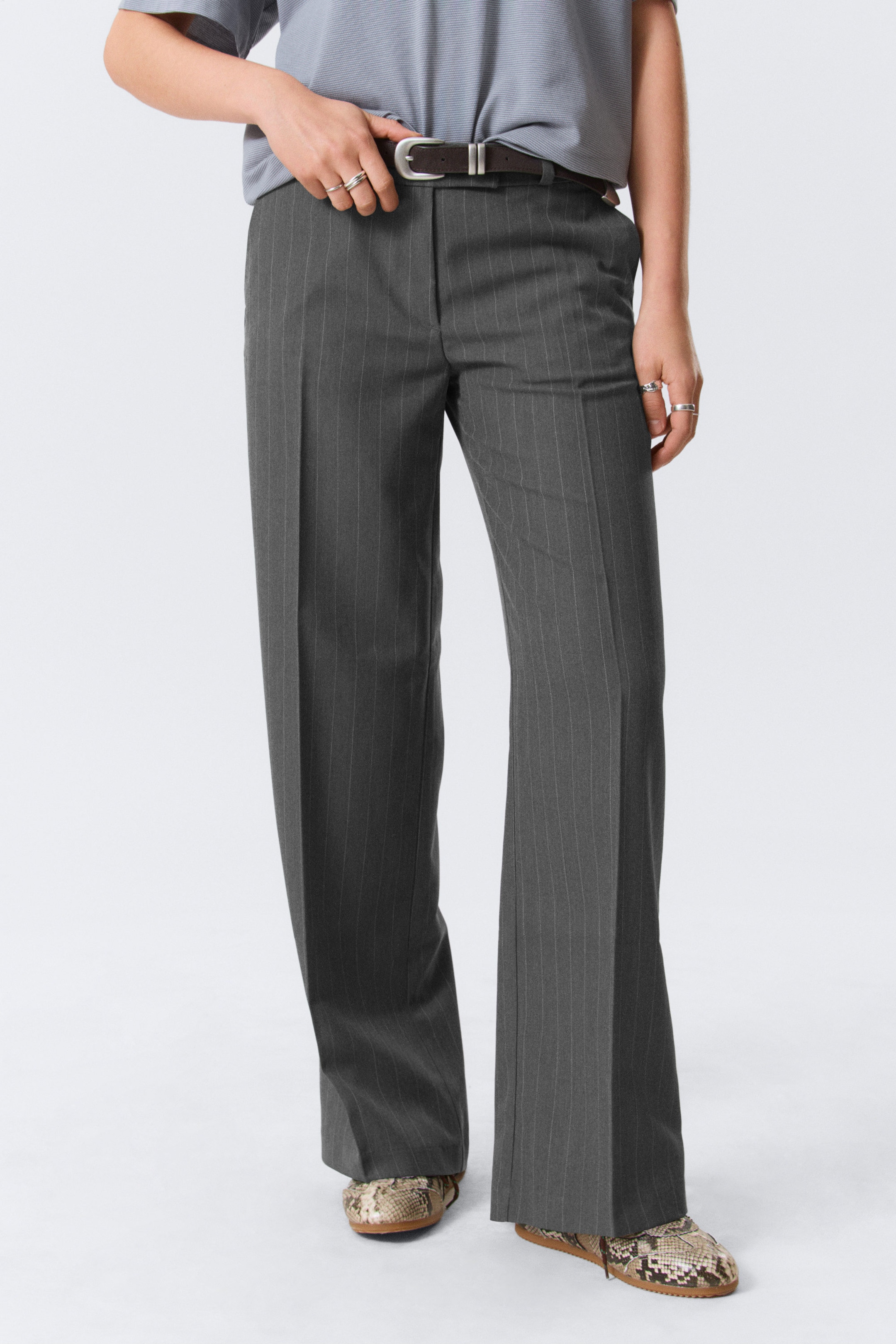 Pinstriped Grey Melange - Low Rise Suiting Trousers - 2