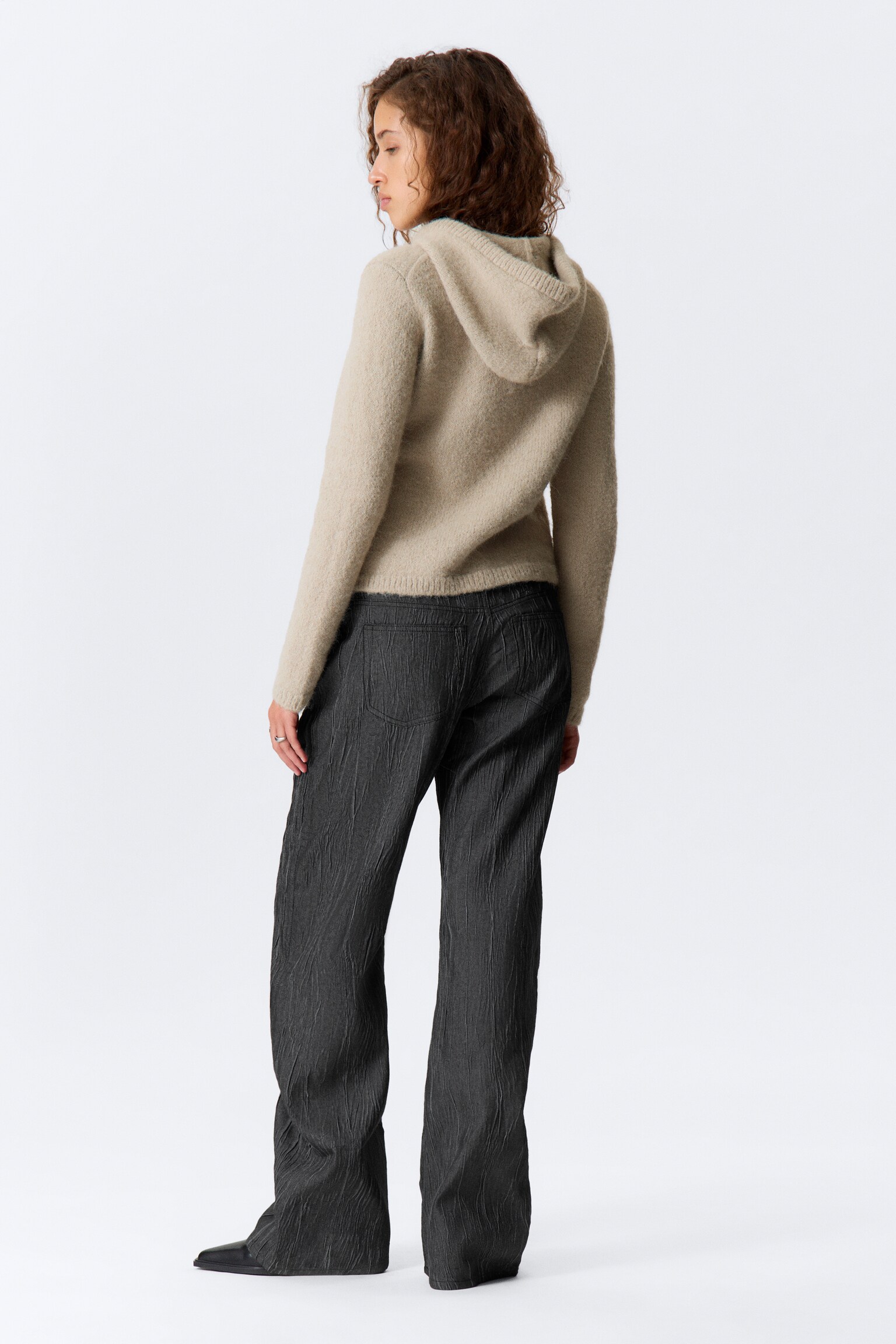 Boxy Knitted Zip Hoodie - Beige - 3