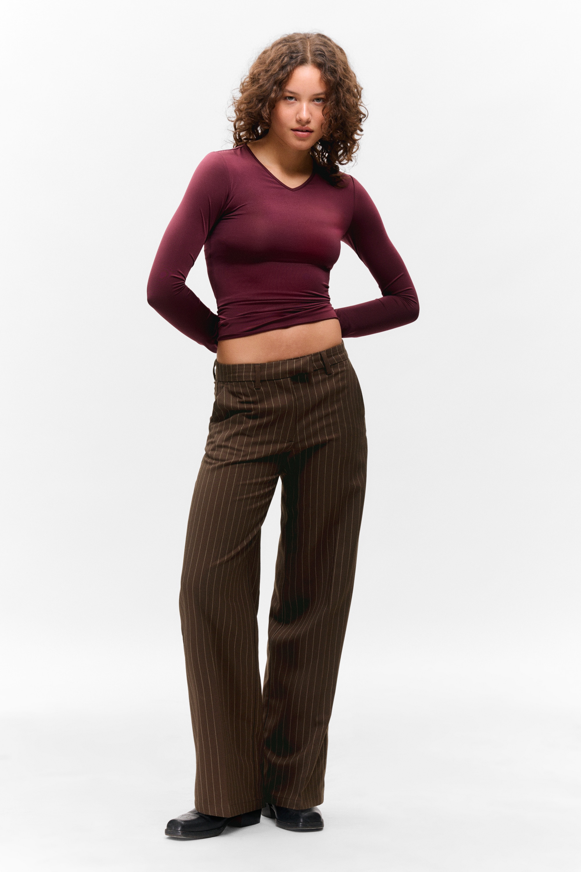 Kostuumbroek met lage taille - Bruine krijtstreep/Donkergrijs gemêleerd/Donkergrijs - Glitter krijtstreep/Zwart