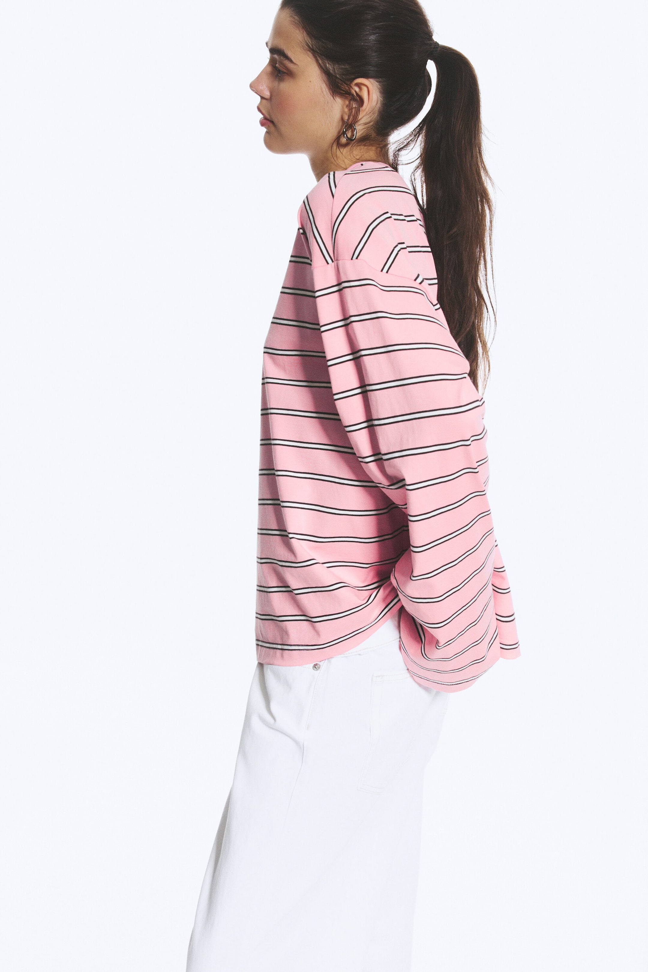 Striped Pink/White/Brown - Long-Sleeved Cotton T-shirt - 2