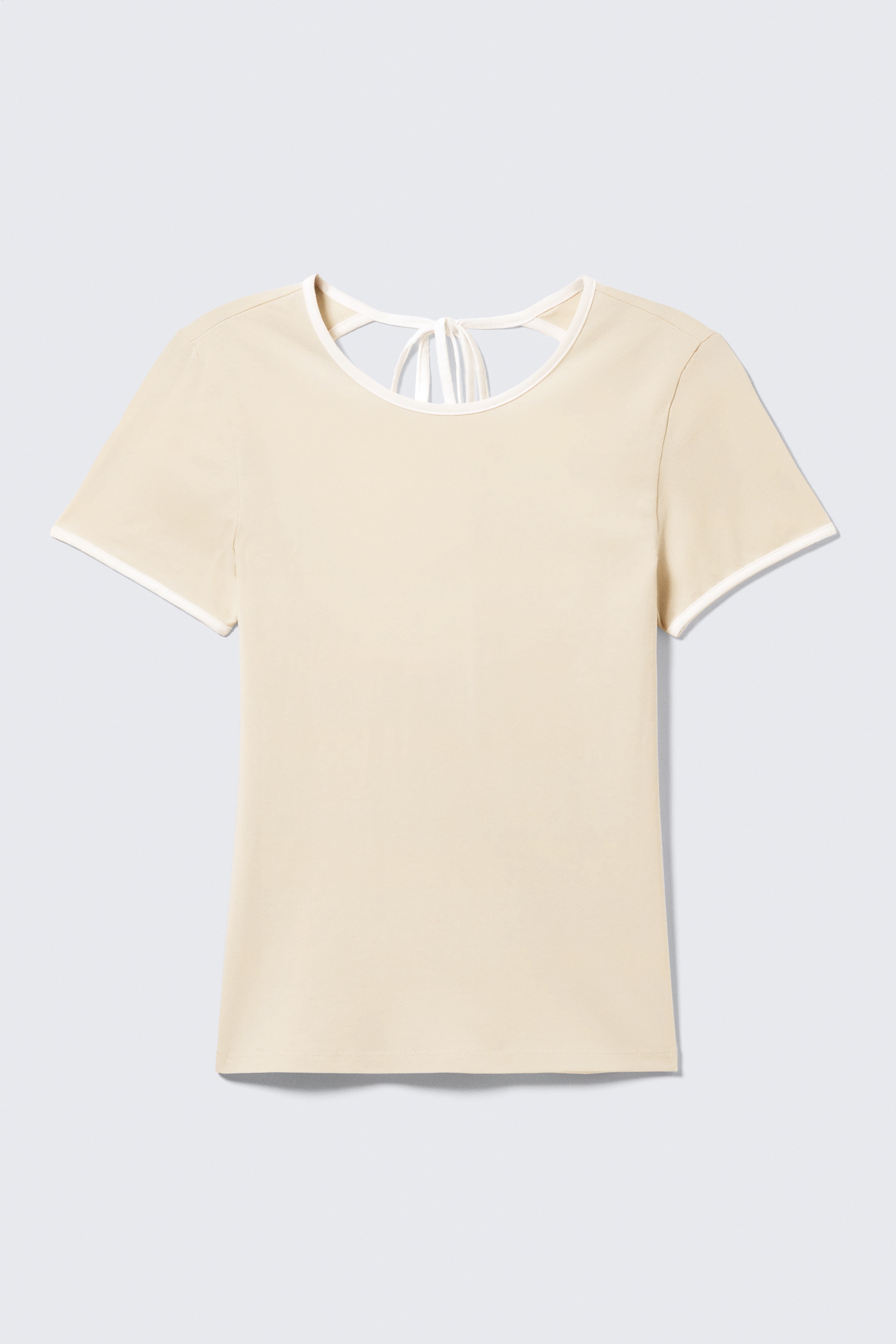 Top de espalda abierta y manga corta - Beige - Ribete Blanco/Marrón