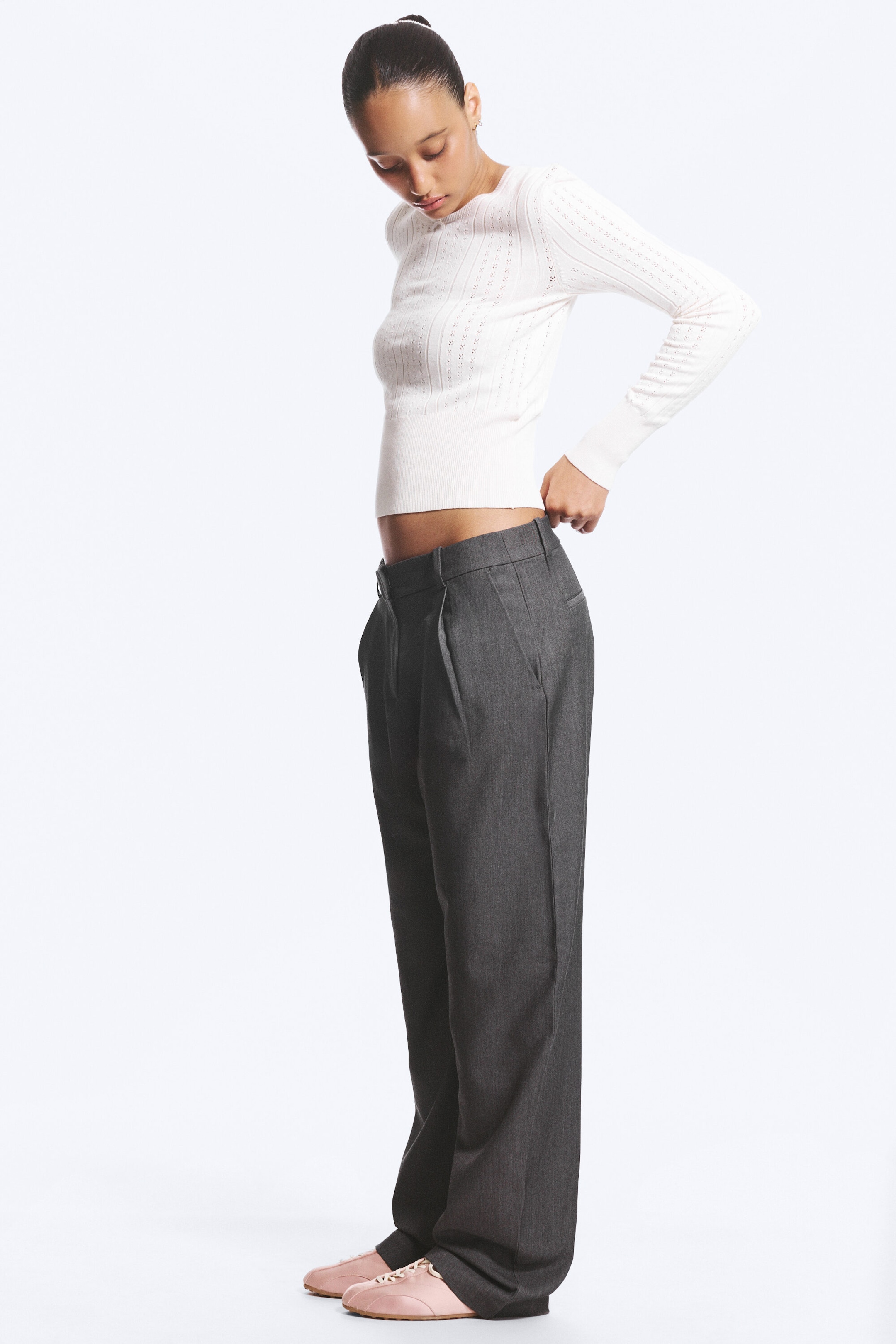 Dark Grey Melange - Loose Fit Barrel Leg Suiting Trousers - 2
