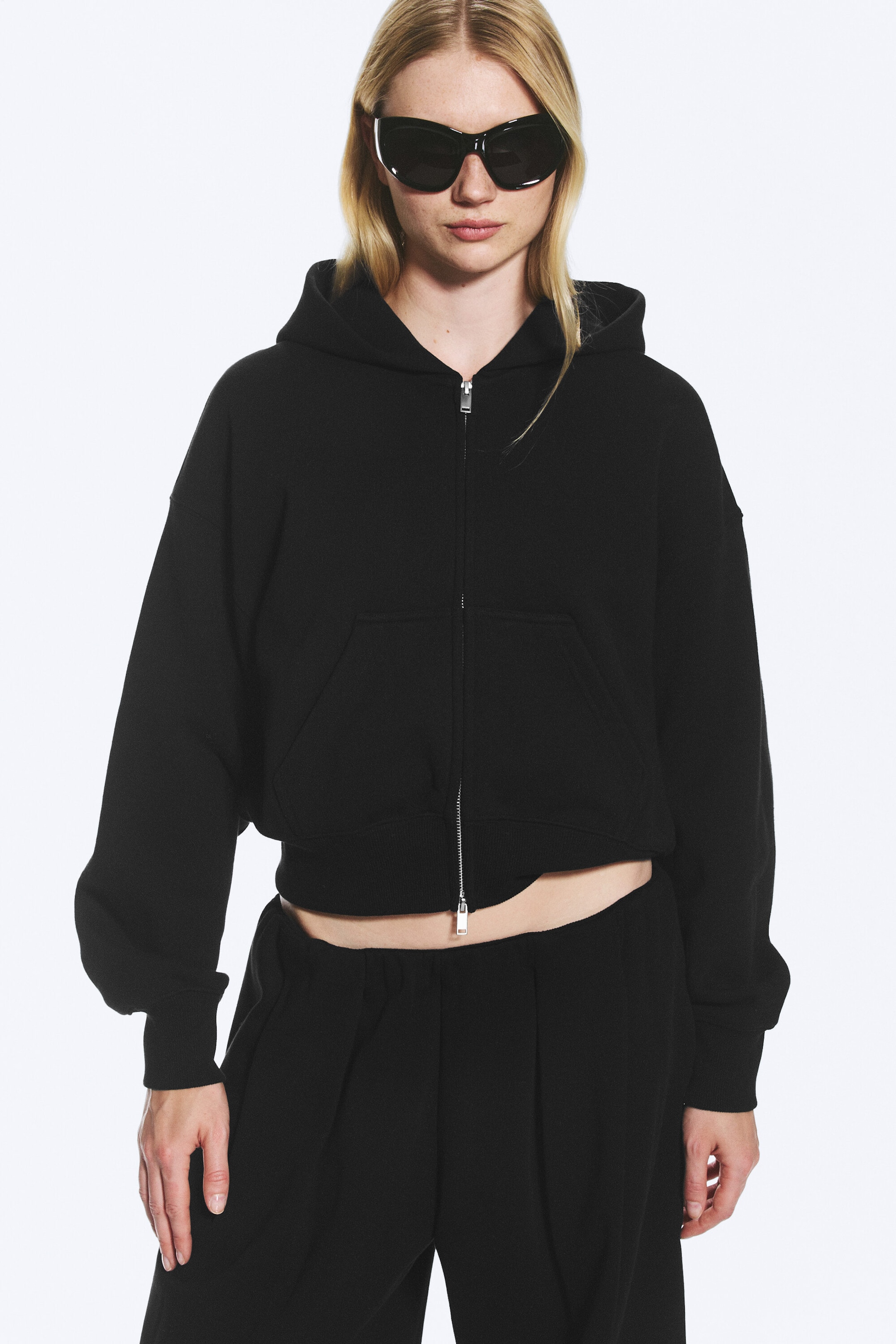 Black - Cropped Boxy Zip Hoodie - 2