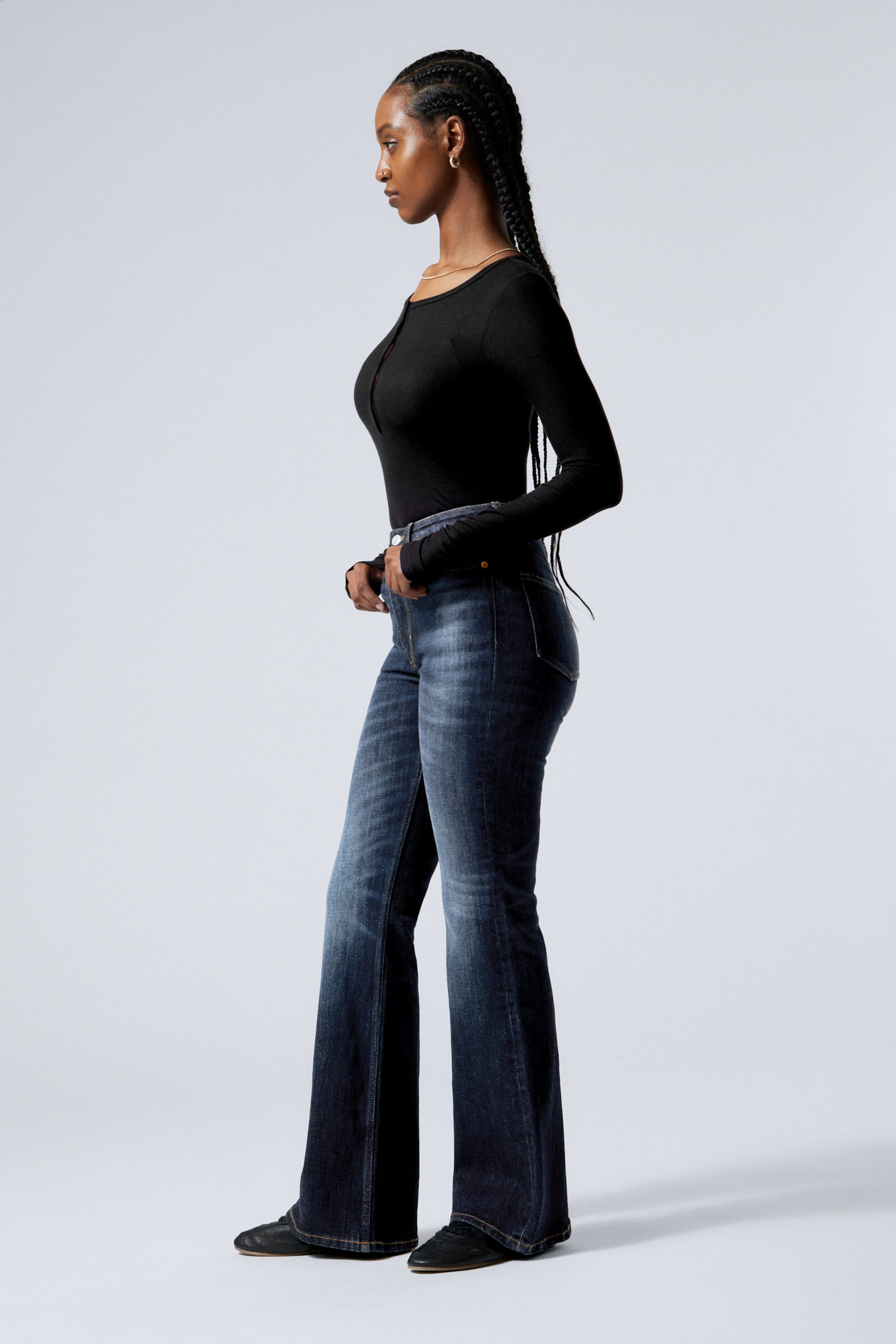 Vein Blue - Dark Blue - Glow Curve High Waisted Regular Flared Leg Jeans - 2