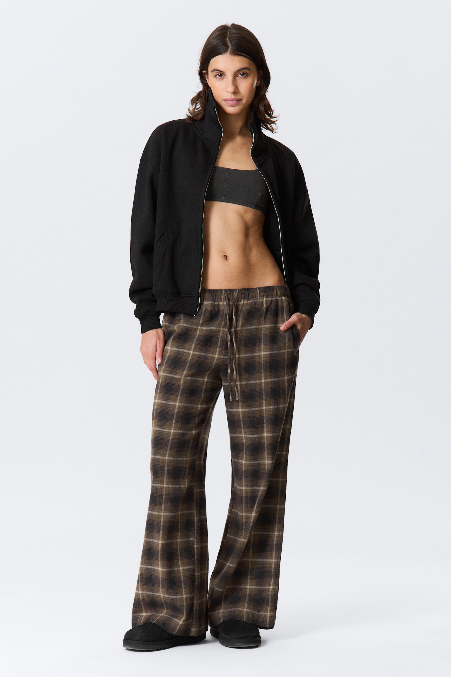 Wide Flannel Pyjama Trousers - Checked Dark Brown/Checked Beige - 1