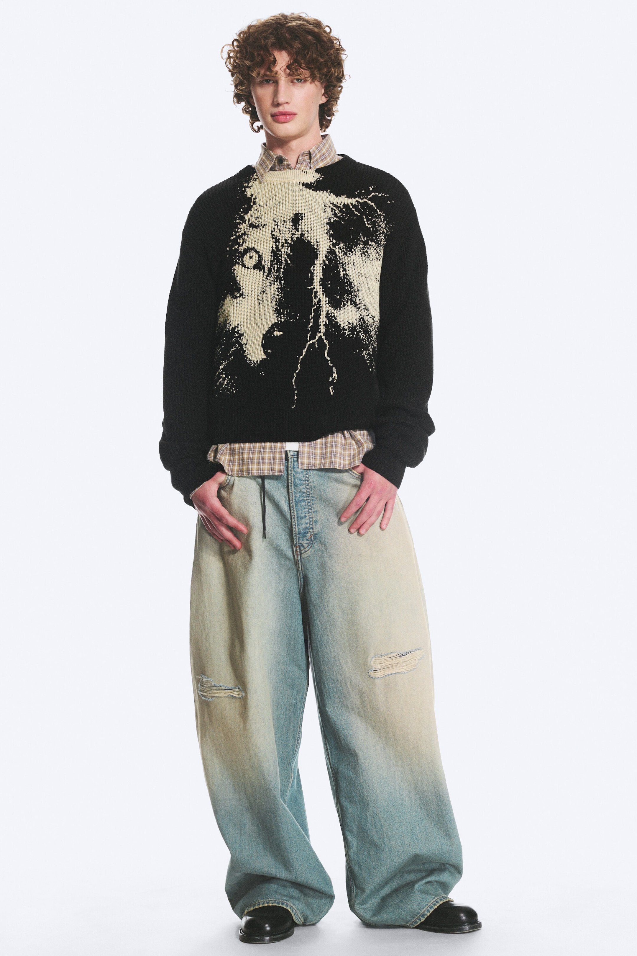 Schwarz - Blitz - Grafischer Strickpullover - 2