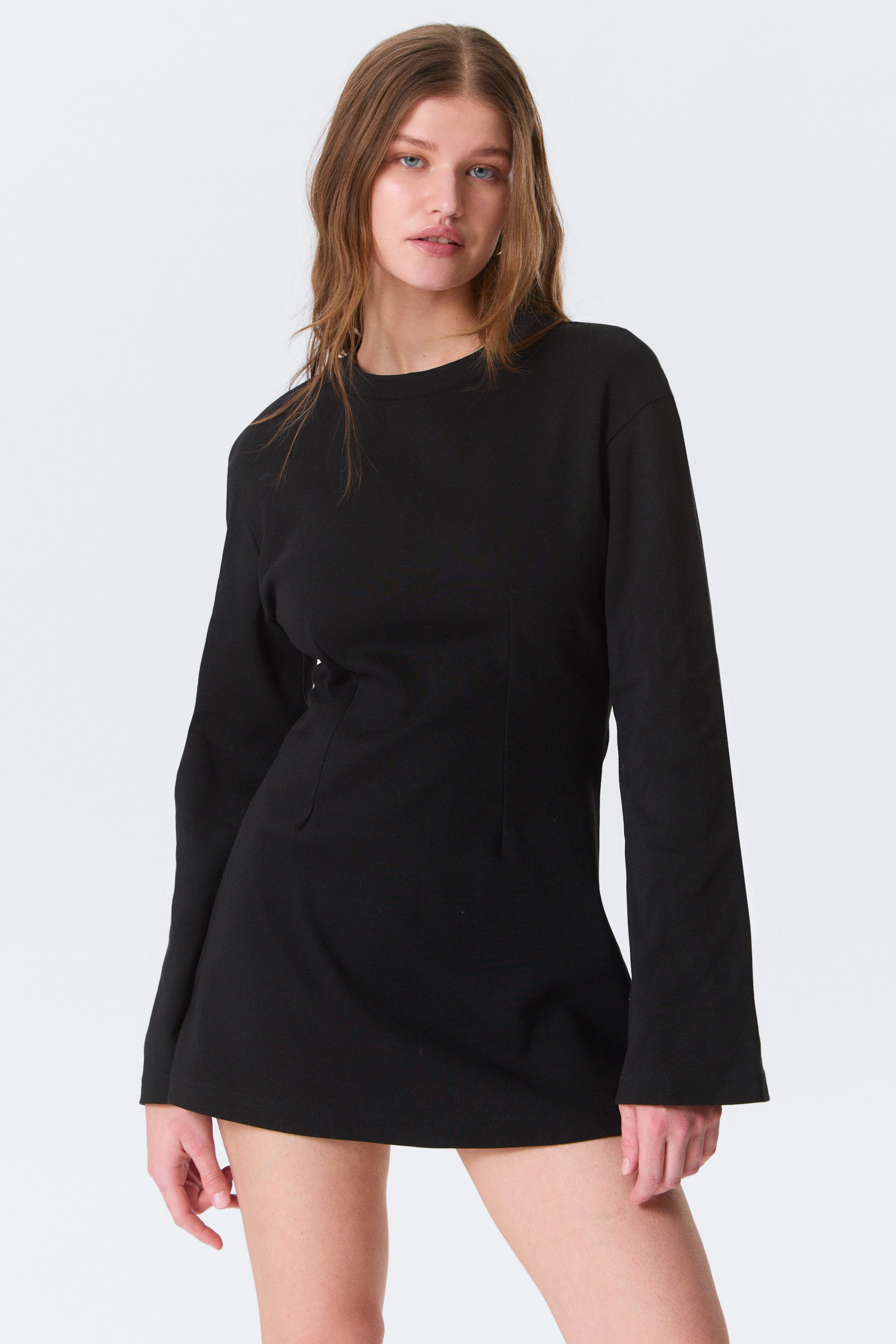 Black - Long-Sleeved Cotton Mini Dress - 3