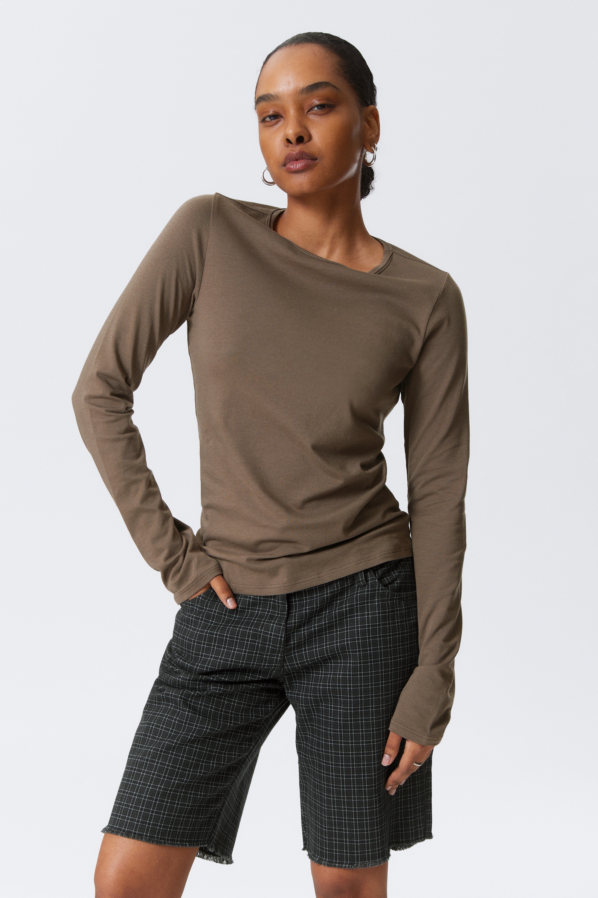 Měkký bavlněný top s dlouhým rukávem - Tmavý krtčí/Bílá/Petrol