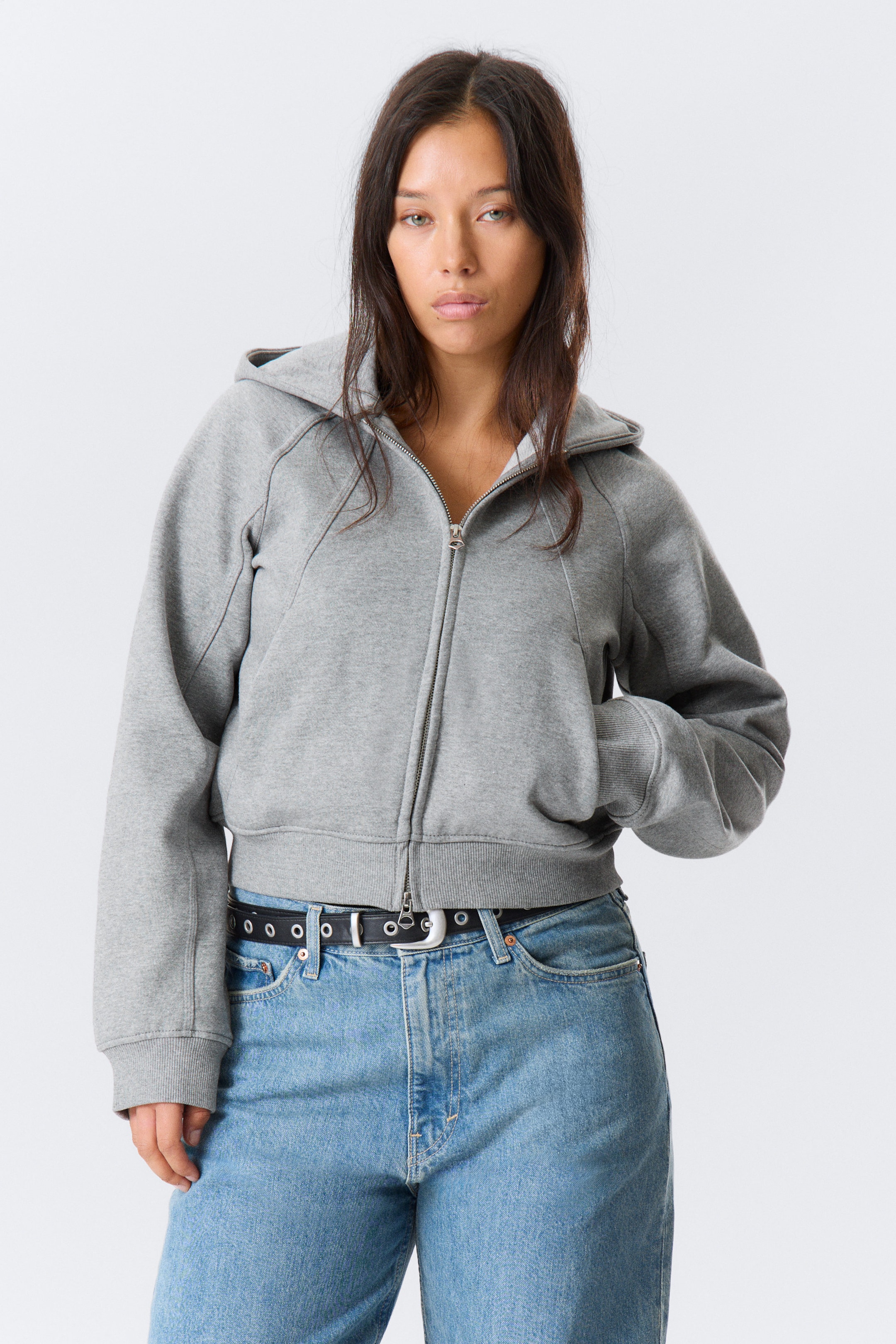 Grey Melange - Raglan-Sleeved Cutline Zip Hoodie - 1