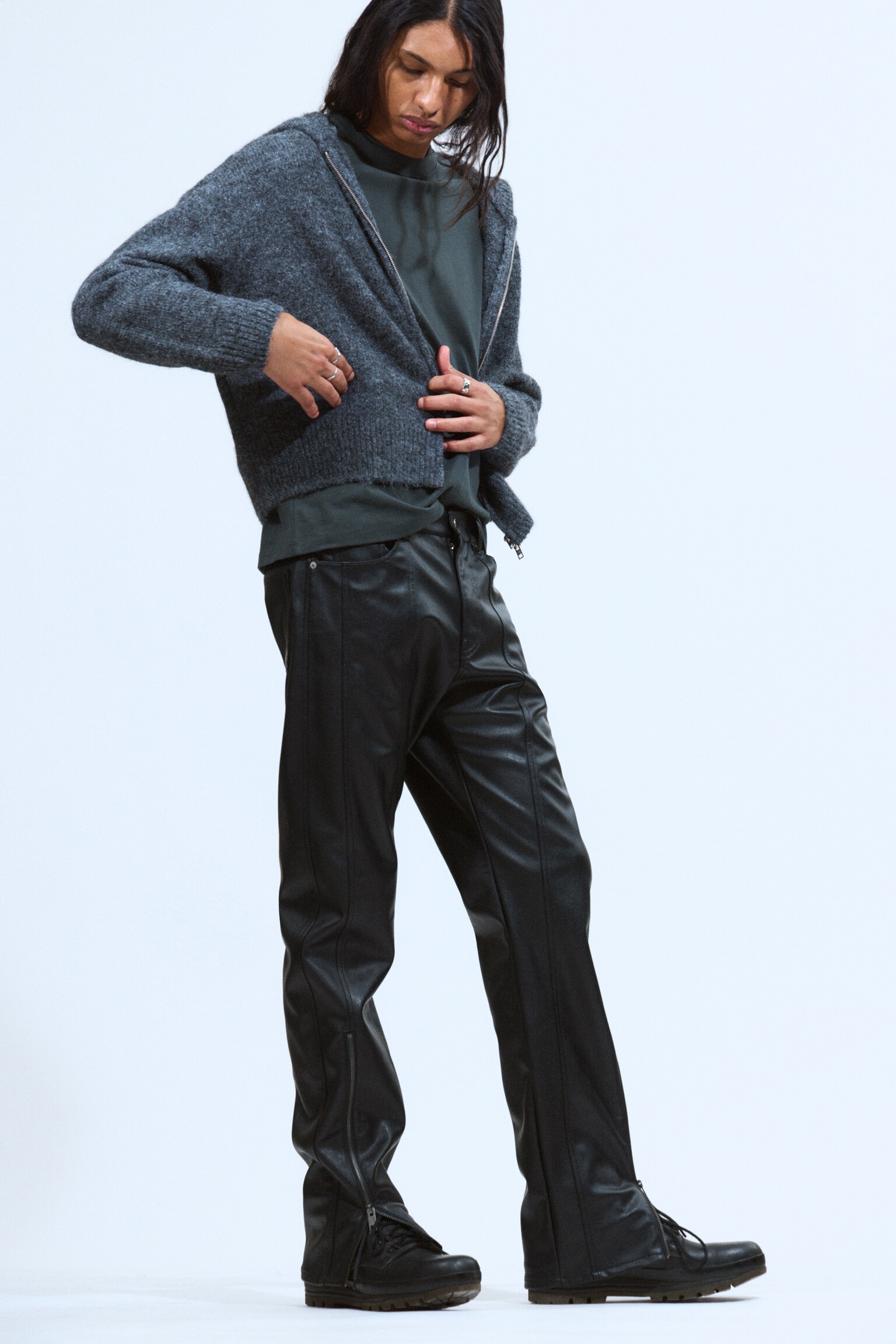 Space Relaxed Faux Leather Zip Hem Trousers - Black - 5