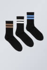 Zwart - bruin/wit/blauw - 3-pack gestreepte sportsokken - 0