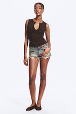 Dark Brown - Slim V-neck Sleeveless Top - 1