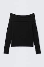 Black - Off-Shoulder Knitted Sweater - 3