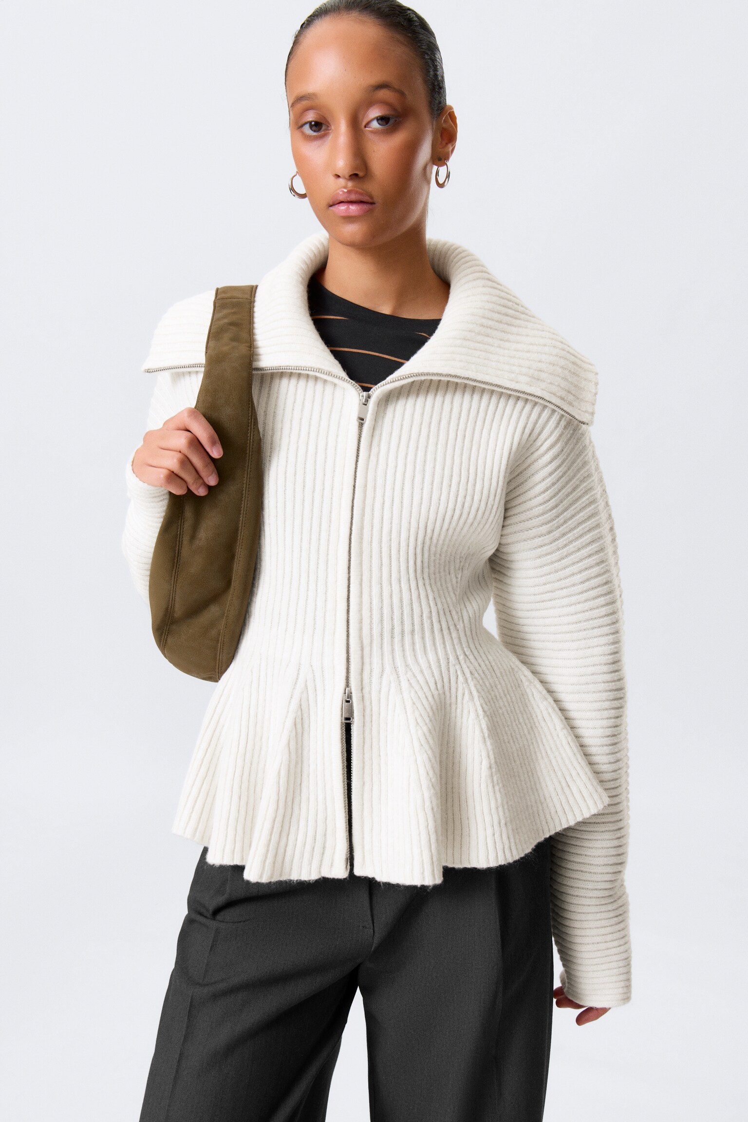 Rib Knit Peplum Zip Sweater - White/Dusty Mole - 5