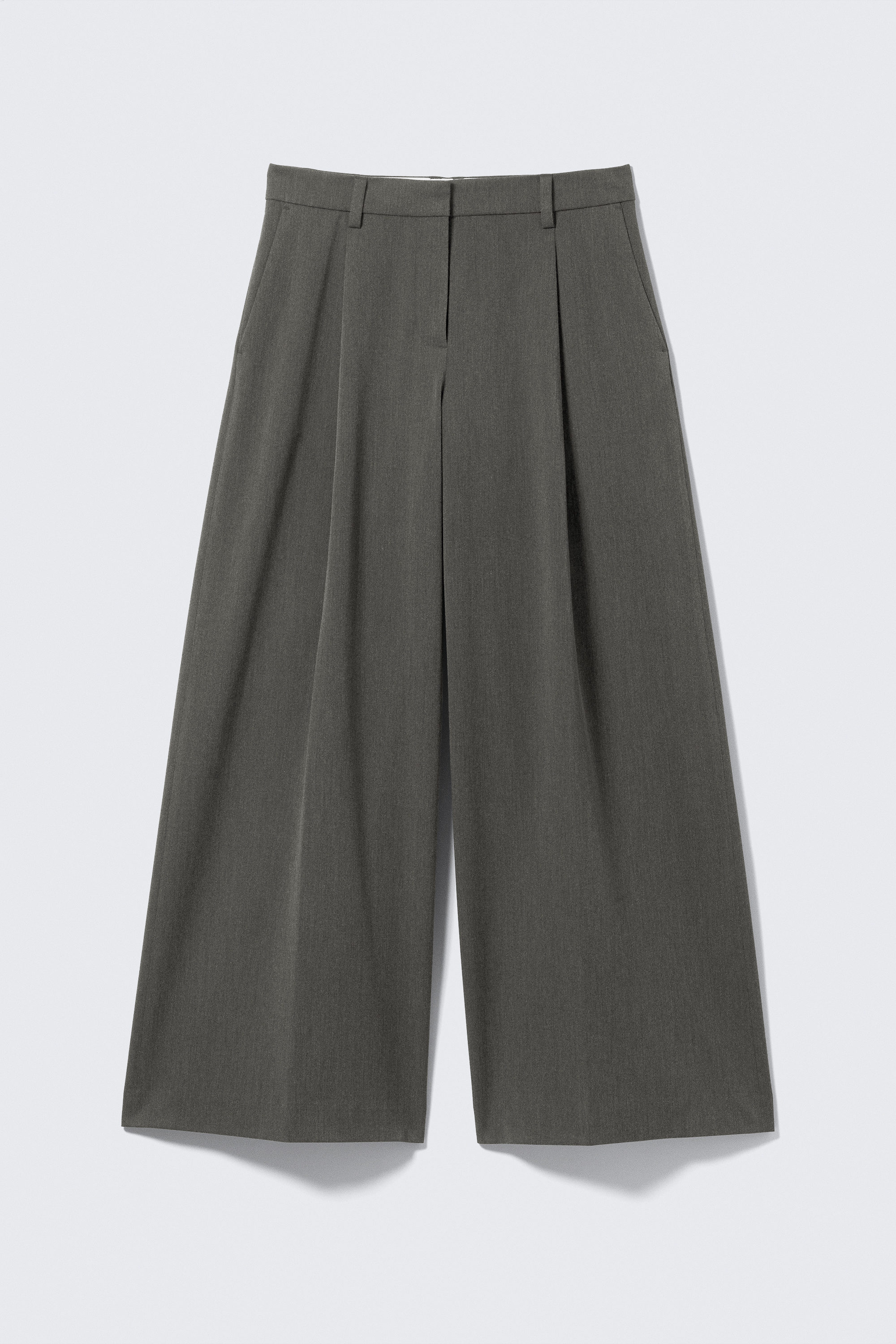 Dark Grey Melange - Low Rise Wide Leg Pleated Suiting Trousers - 4