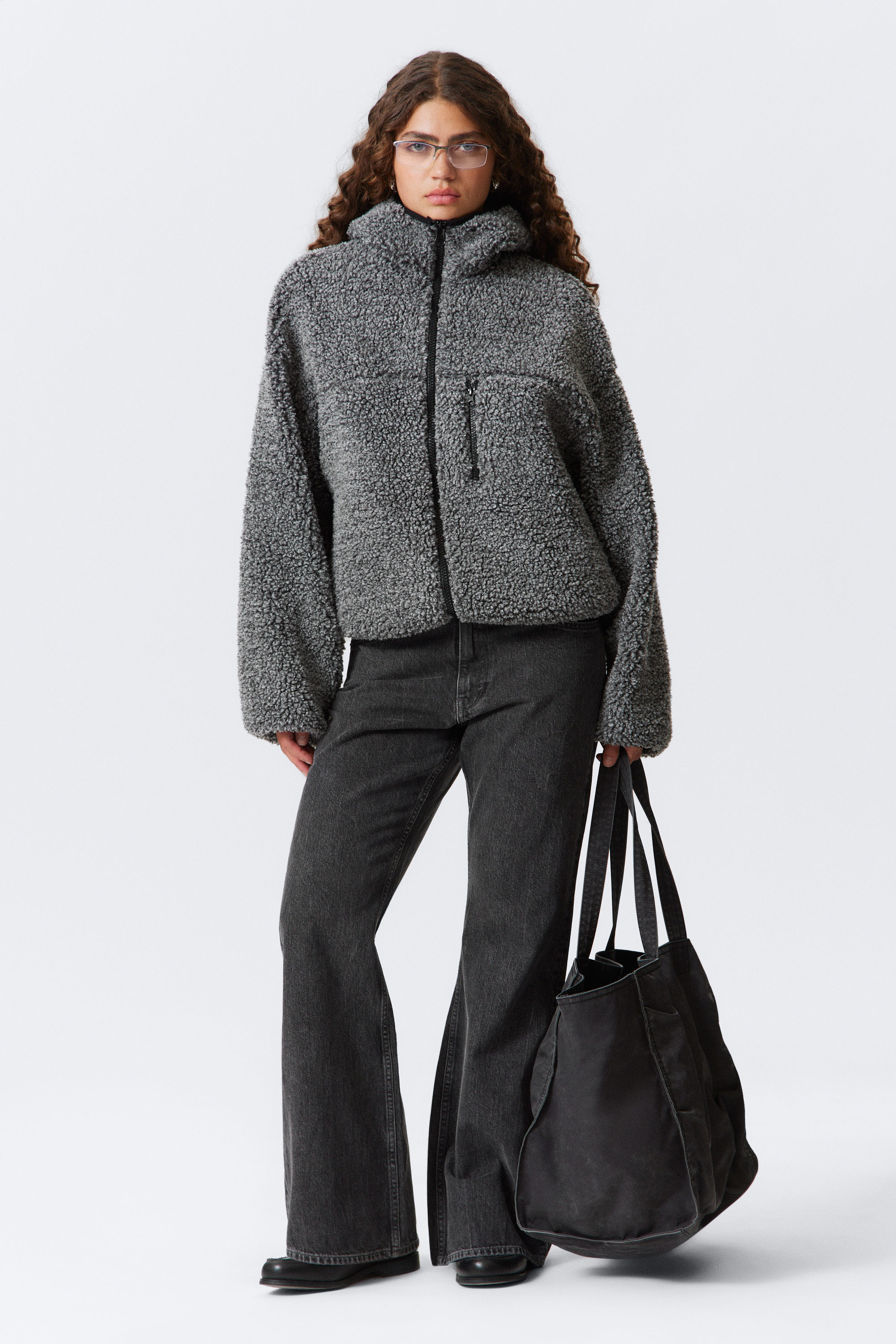 Dark Grey Melange - Oversized Zip-Up Pile Hoodie - 2